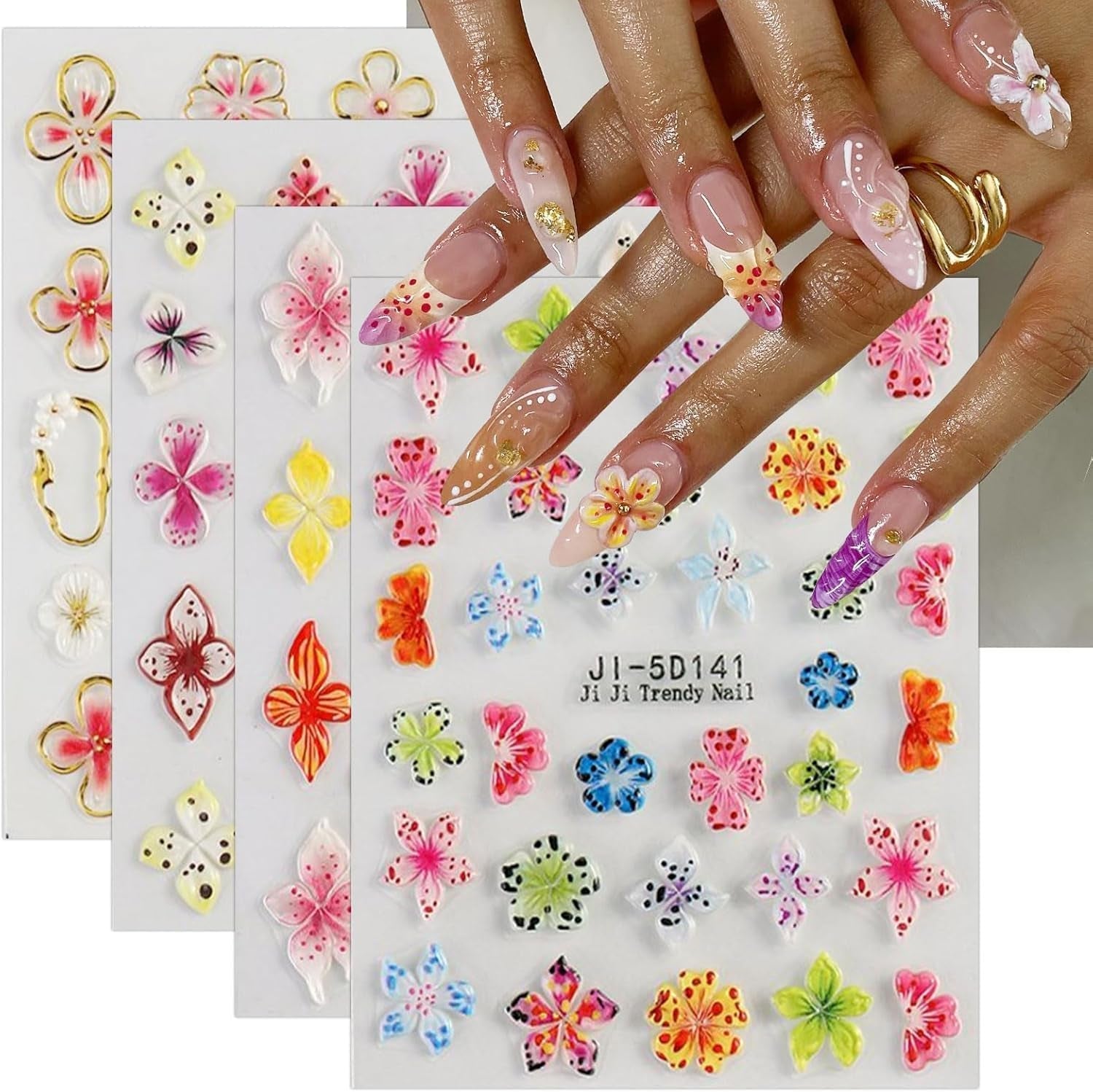 JMEOWIO 3D Nagelsticker Flor Colorida Nail Art Sticker Selbstklebend Nagelaufkleber 5D Stereoskopisch Primavera Verano Floral Dekoration Nageldesign Zubehör 4 Blatt