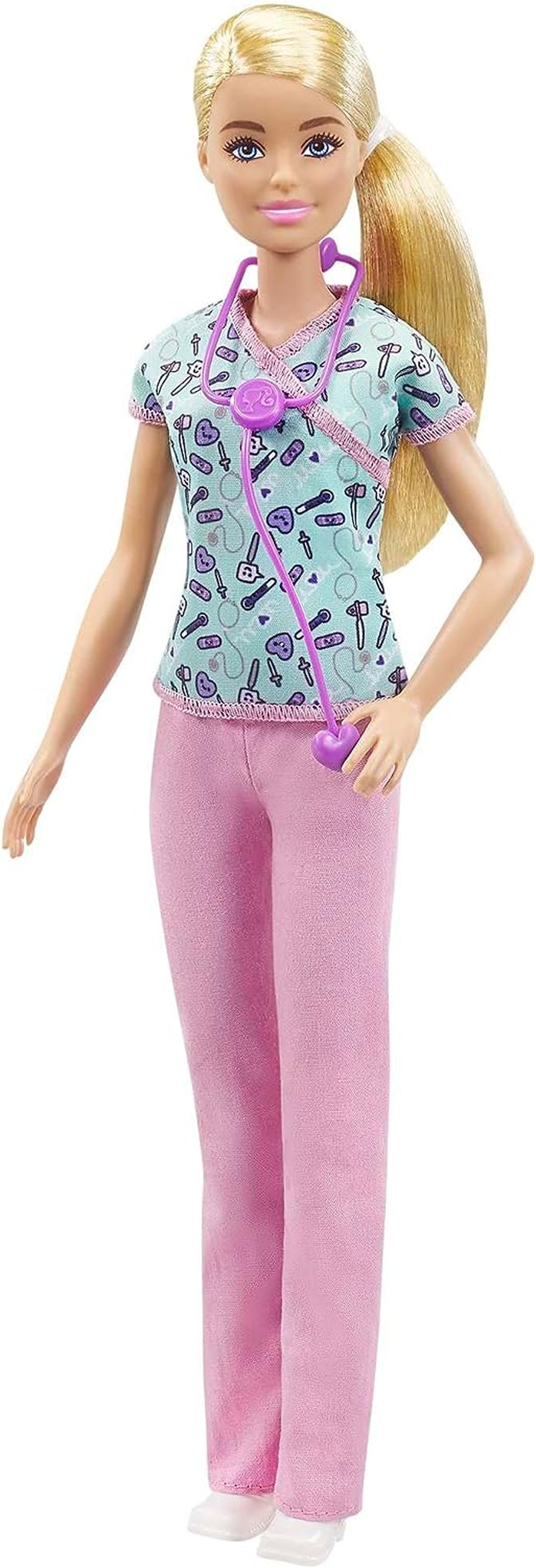 Muñeca Barbie GTW39 - Enfermera (aprox. 30 cm) con top estampado y pantalones rosas, zapatos blancos y estetoscopio, gran regalo para niños a partir de 3 años