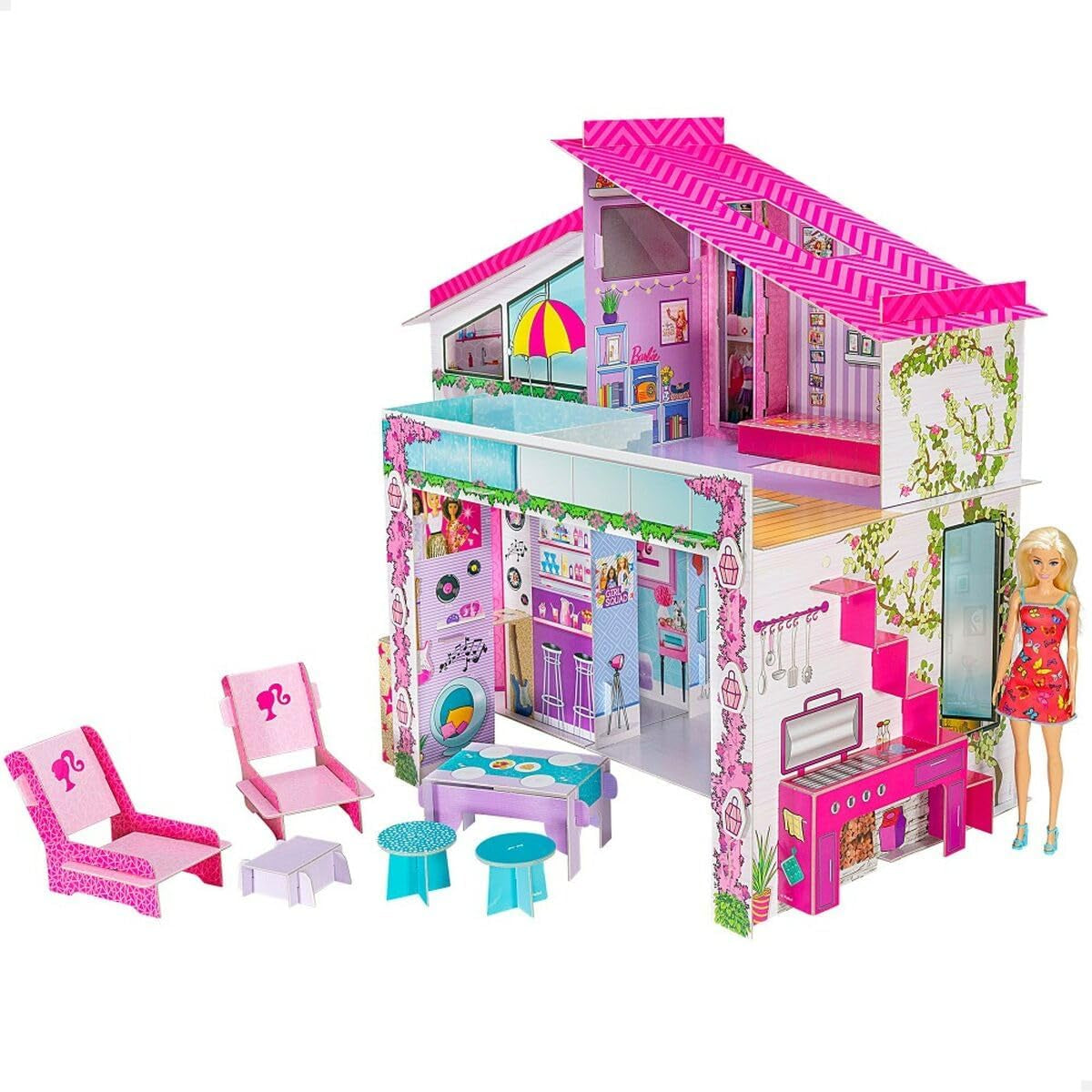 Lisciani - Casa de Muñecas - Villa de Vacaciones para Muñecas Barbie - Juego de Fantasía - Casa de Cartón para Montar y Decorar - Tiempo Libre Creativo - Para Niñas de 4 años en adelante