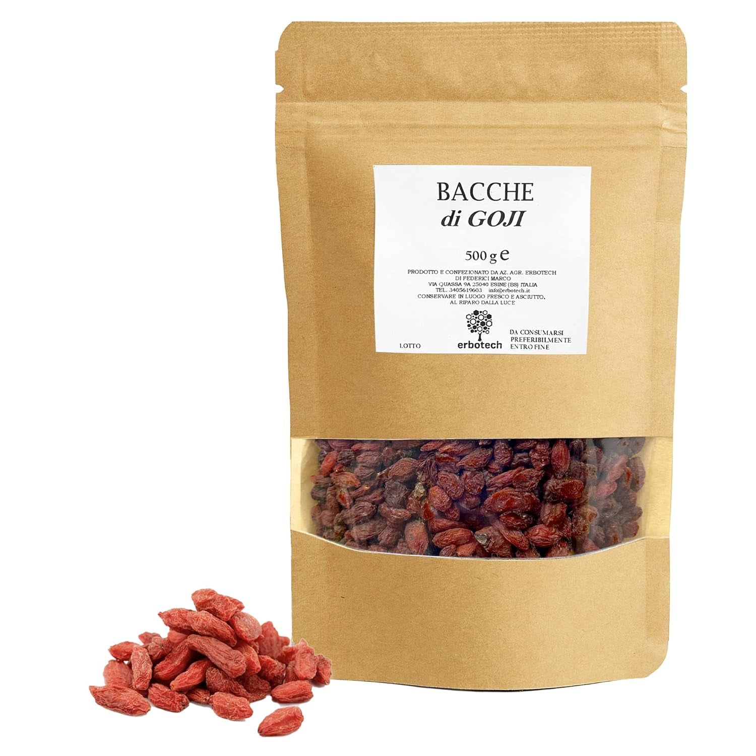 ERBOTECH Goji Berries 200 g, bayas de goji con alto contenido en vitaminas, frutos secos sin azúcar ni azufre, superalimentos naturales y ricos en energía, Made in Italy Productos deshidratados Naty Shop 500 G