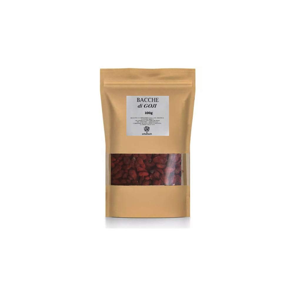 ERBOTECH Goji Berries 200 g, bayas de goji con alto contenido en vitaminas, frutos secos sin azúcar ni azufre, superalimentos naturales y ricos en energía, Made in Italy Productos deshidratados Naty Shop 100 G