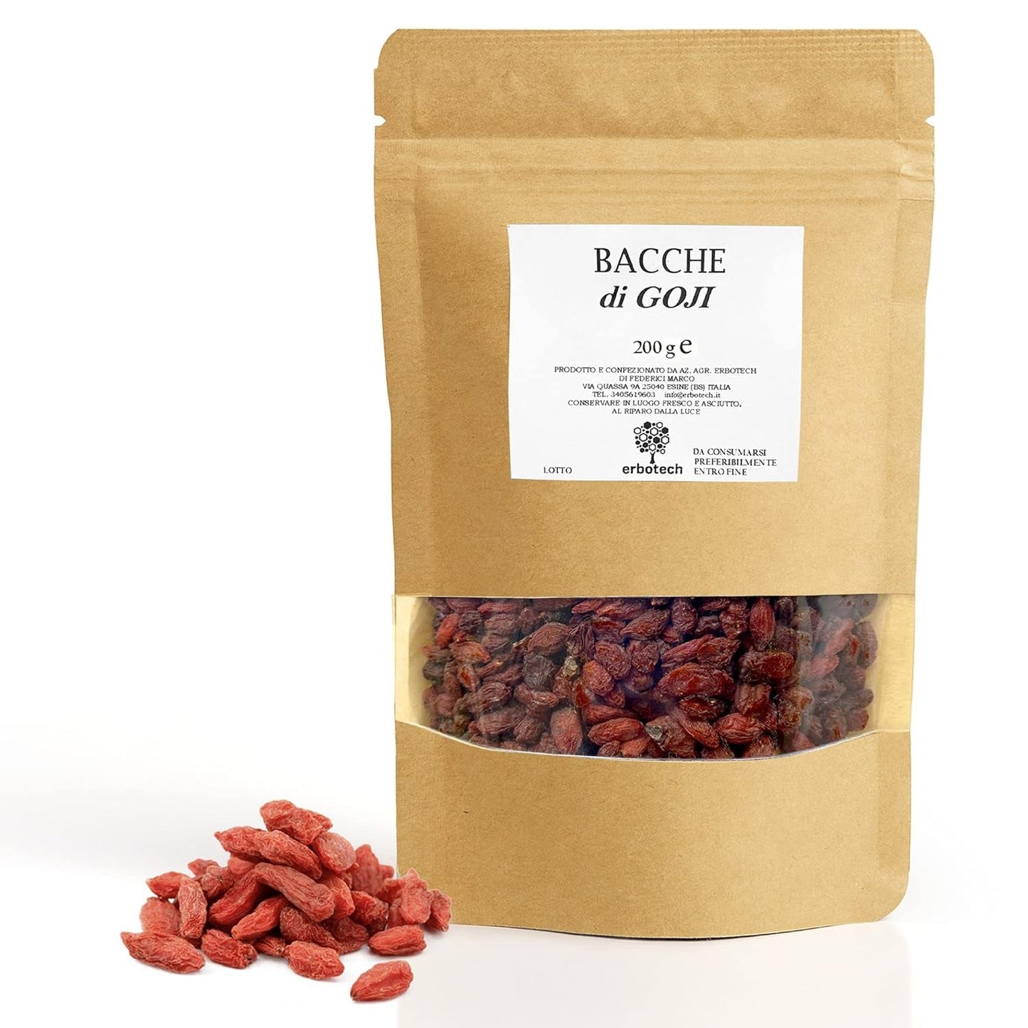 ERBOTECH Goji Berries 200 g, bayas de goji con alto contenido en vitaminas, frutos secos sin azúcar ni azufre, superalimentos naturales y ricos en energía, Made in Italy Productos deshidratados Naty Shop 200 G