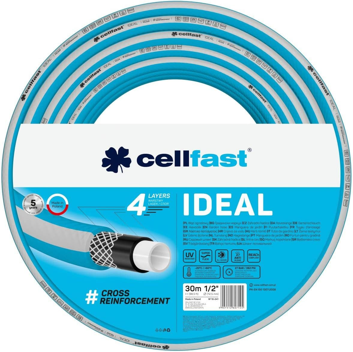Manguera de jardín Cellfast IDEAL, Duradera, Flexible, 4 capas, Trenza cruzada duradera, Resistente a los rayos UV y a las algas, Tecnología REACH, 27 bar, -20/+60° corta duración 1/2", 30m