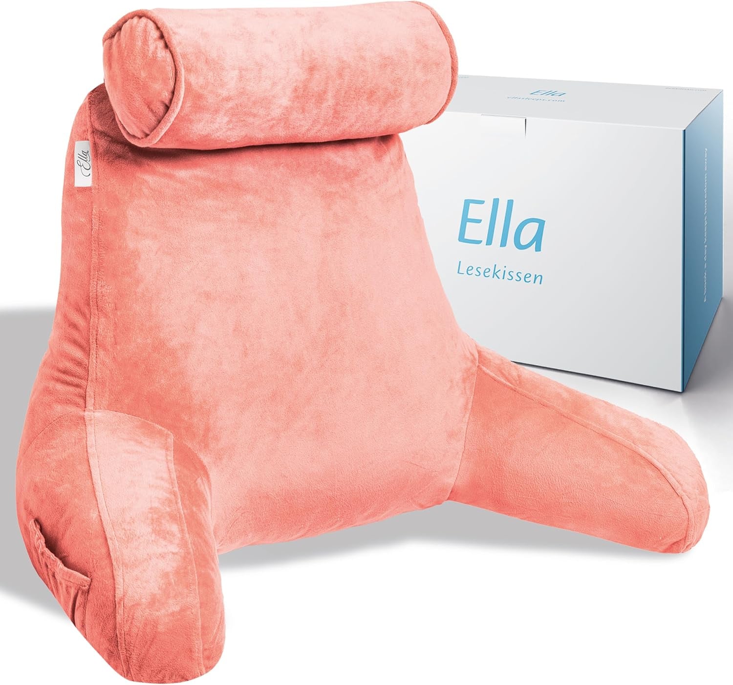 Ella Almohada de Lectura para Cama y Sofá con Rollo para el Cuello Desmontable - Almohada de Respaldo para Cama - Almohada de Lectura de Espuma Viscoelástica con Reposabrazos, Ideal para Leer, Ver TV, Relajarse o Como Respaldo - Gris