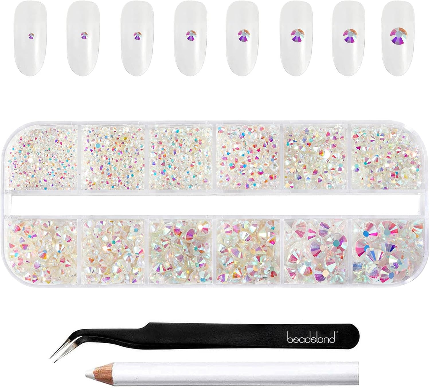 Beadsland 2500 piezas de piedras de cristal para decoración de uñas con parte trasera plana, piedras preciosas para trabajos manuales de 8 tamaños SS4 ~ SS30 con pinzas y puntas (Kristall Weiss)