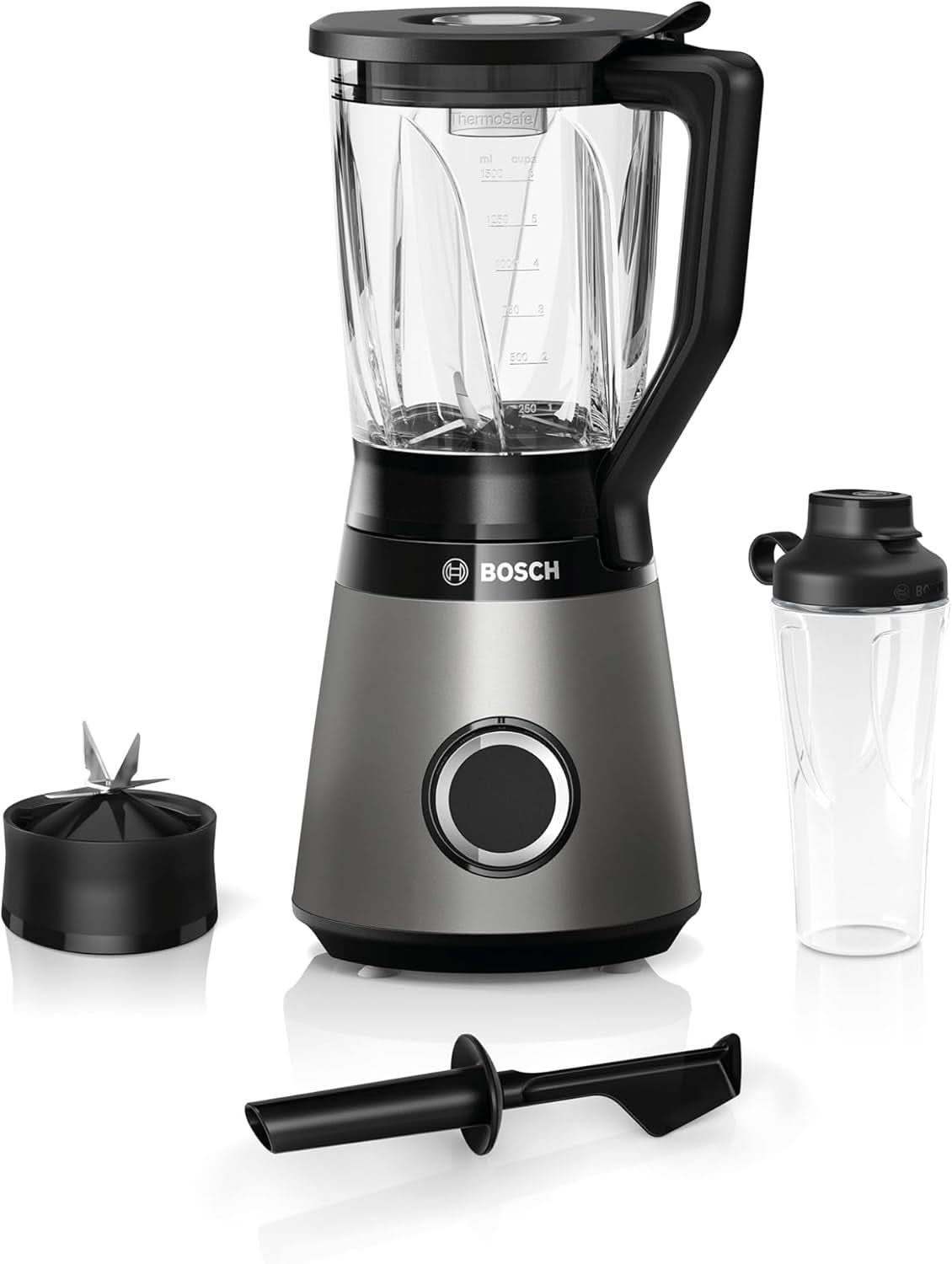Bosch Batidora amasadora Vitapower Serie 4 MMB6174SN, Verbesserte Version, Hochwertige Edelstahl-Klingen, 1,5L Vasbehälter, 0,6L To-Go-Flasche, Spülmaschinenfeste Teile, 30.000 U/Min, 1200W, Silver Kitchen Naty Shop Batidora amasadora individual 2 en 1