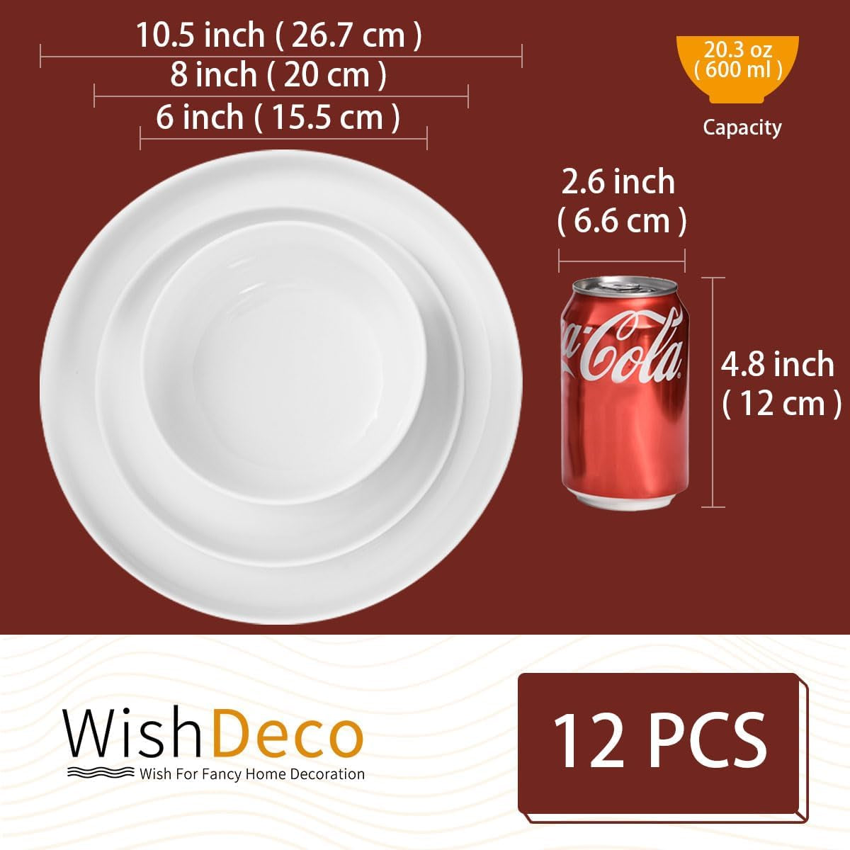 Juego de vajilla de 12 piezas, vajilla de porcelana para 4, vajilla blanca con platos, platos de postre y tazones de cereales