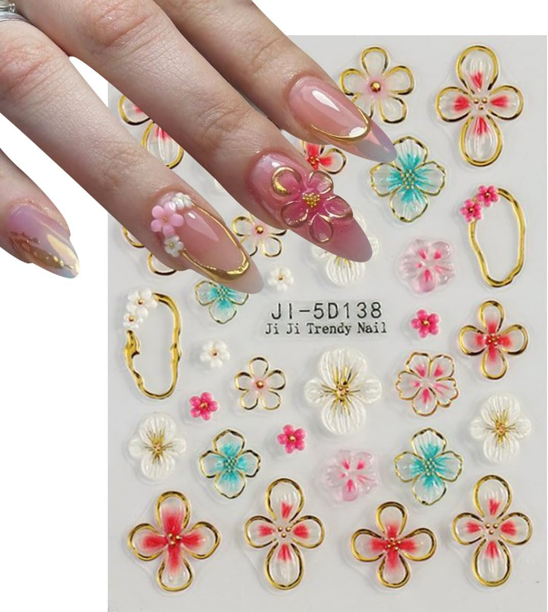 JMEOWIO 3D Nagelsticker Flor Colorida Nail Art Sticker Selbstklebend Nagelaufkleber 5D Stereoskopisch Primavera Verano Floral Dekoration Nageldesign Zubehör 4 Blatt