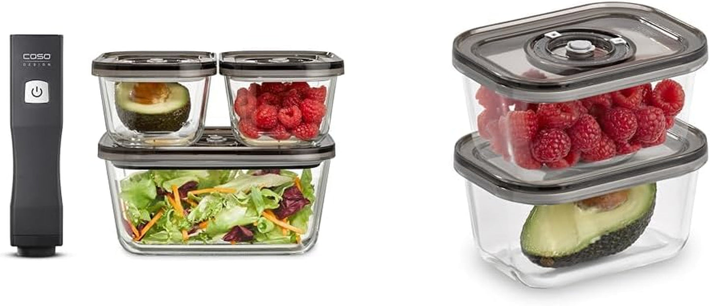 Caso Vacu OneTouch Eco set, envasadora al vacío manual, que incluye 3 recipientes de vidrio al vacío y VacuBoxx Eco-Duo S - recipiente para frescura al vacío / 2 recipientes de 500 ml cada uno Cajas de almacenamiento de alimentos Naty Shop Título predeterminado