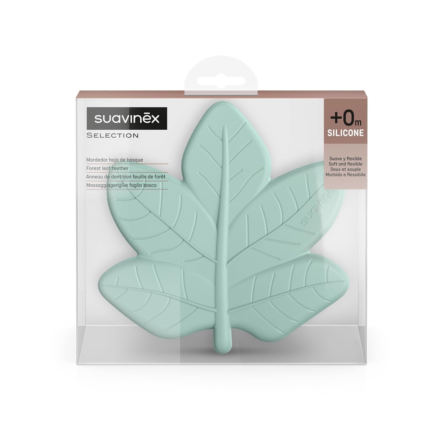 Suavinex, mordedor monobloque de silicona. Suave, flexible, seguro. Calma y calma las encías del bebé. Ergonómico, de fácil agarre, texturizado/relieve. Diseño con bosque, Poesía, Verde