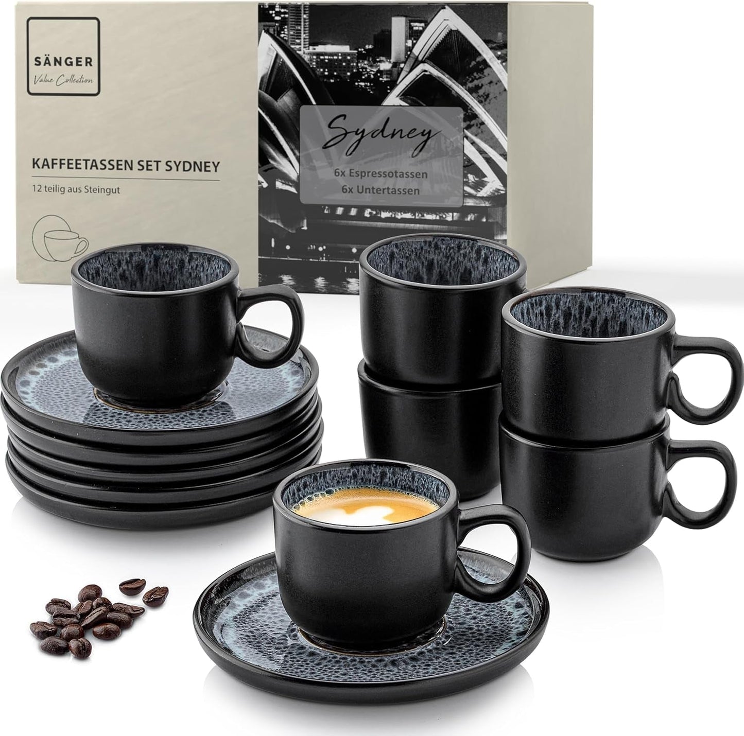 SANGER Sídney | Juego de 12 tazas de café expreso de cerámica, juego de tazas de moca para 6, tazas y platillos, apto para lavavajillas y microondas, gris oscuro, 80 ml | LA COLECCIÓN DE VALOR