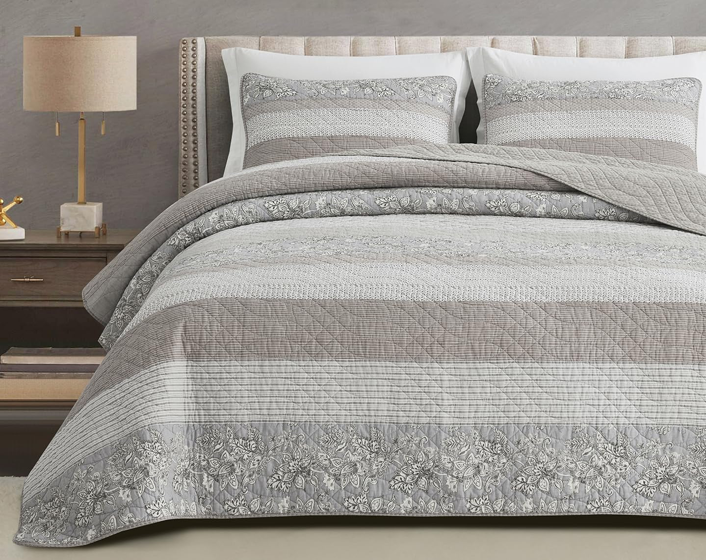 Chezmoi Collection Addy Juego de edredón de patchwork de algodón prelavado, ligero, reversible, para todas las estaciones, de gran tamaño, 3 piezas, color azul marino, blanco, gris, color topo, edredones y edredones a cuadros Naty Shop Hibiscus Patchwork Stripes, color topo Twin