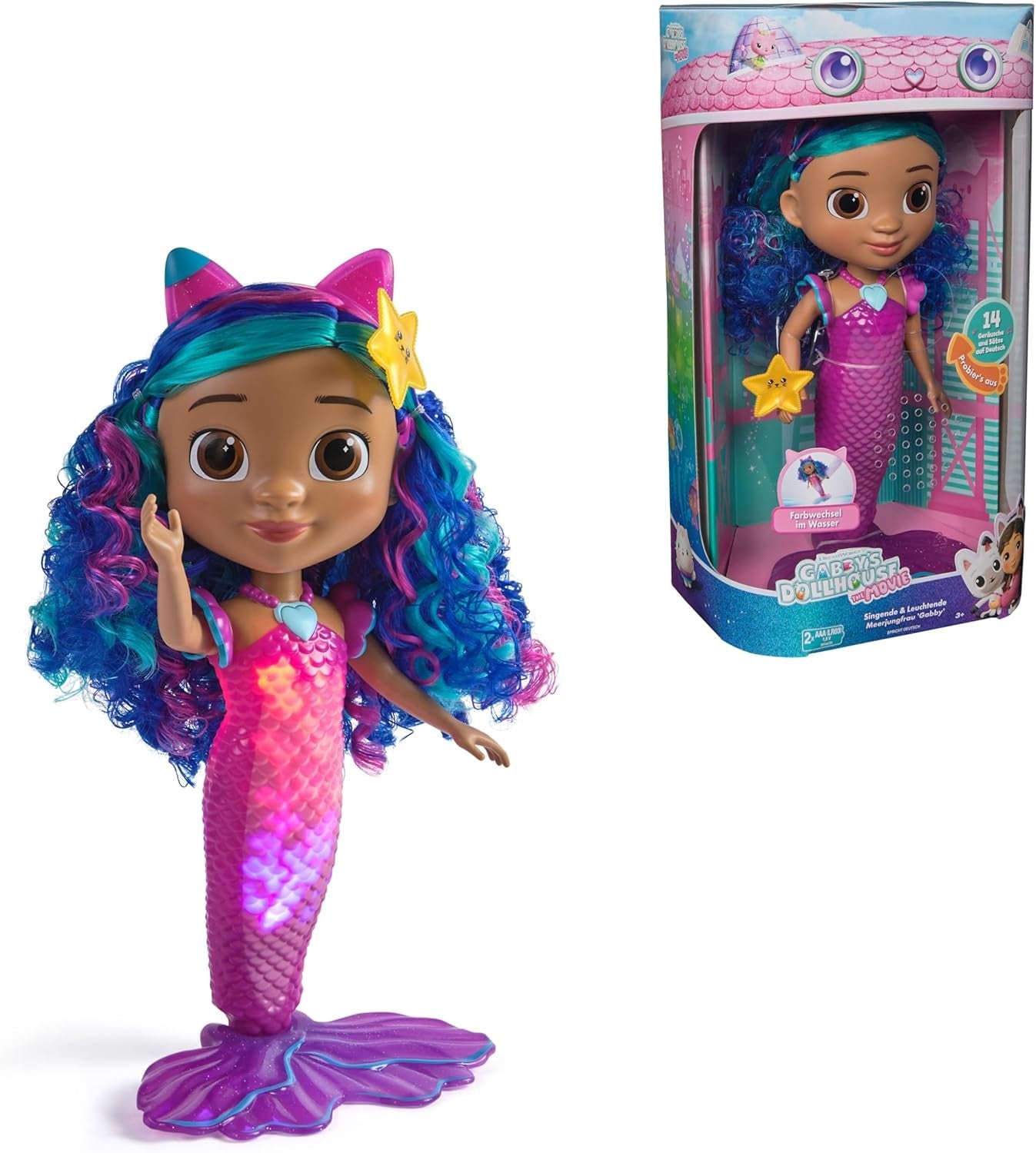 CASA DE MUÑECAS DREAMWORKS GABBY – Sing & Shine Meerjungfrau Gabby, muñeca grande de 35 cm con efectos de luz y sonido, estilo alemán, para niños de 3 años