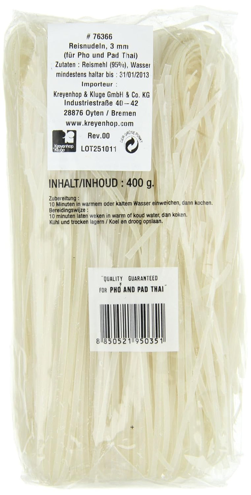 Fideos de arroz - tailandeses, fideos de cinta de arroz de 3 mm de ancho, hechos con harina de arroz - 17 x 400 g