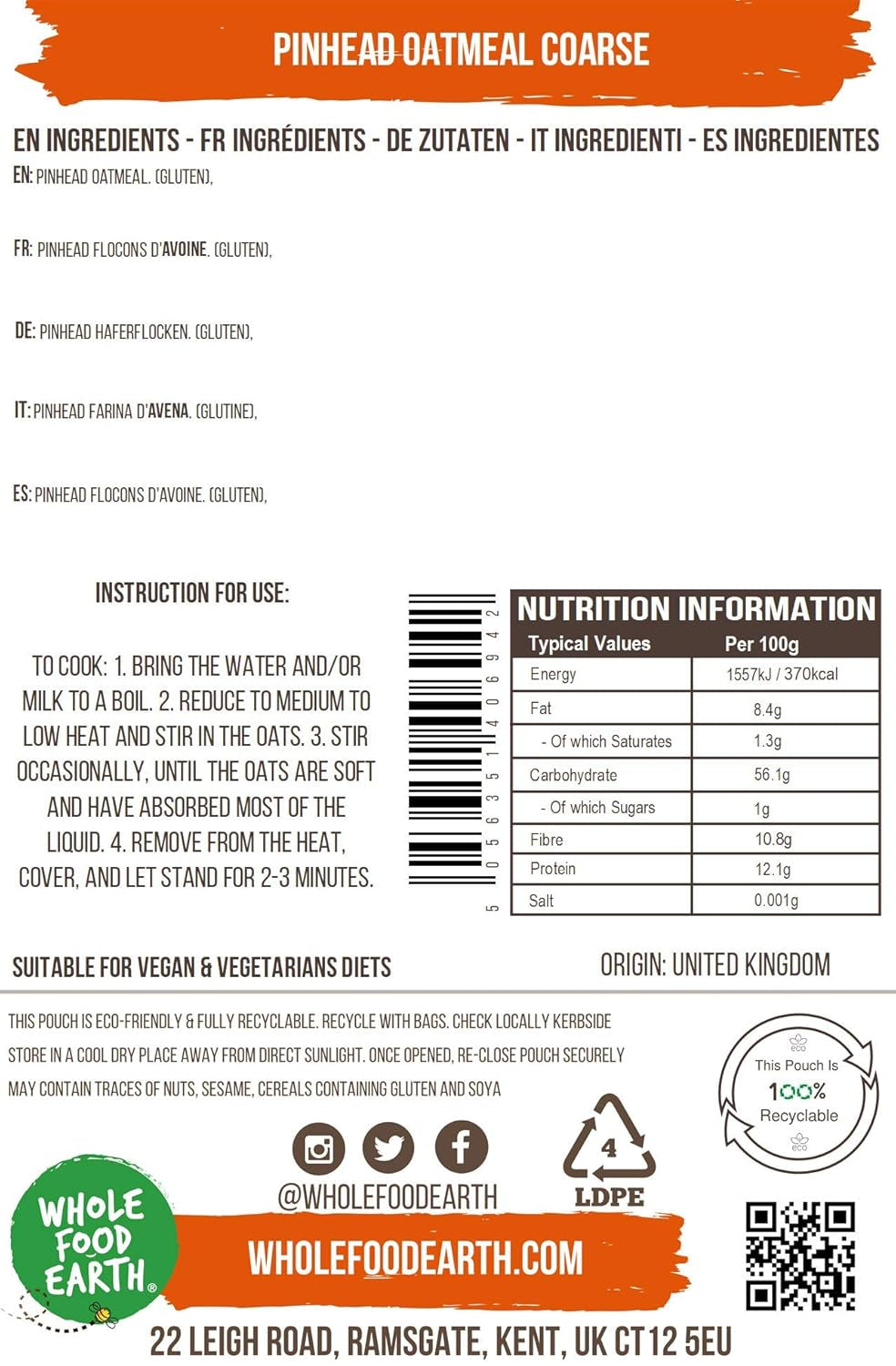 Wholefood Earth Pinhead Avena Gruesa Estabilizada 3kg | Sin OGM | Rico en fibra