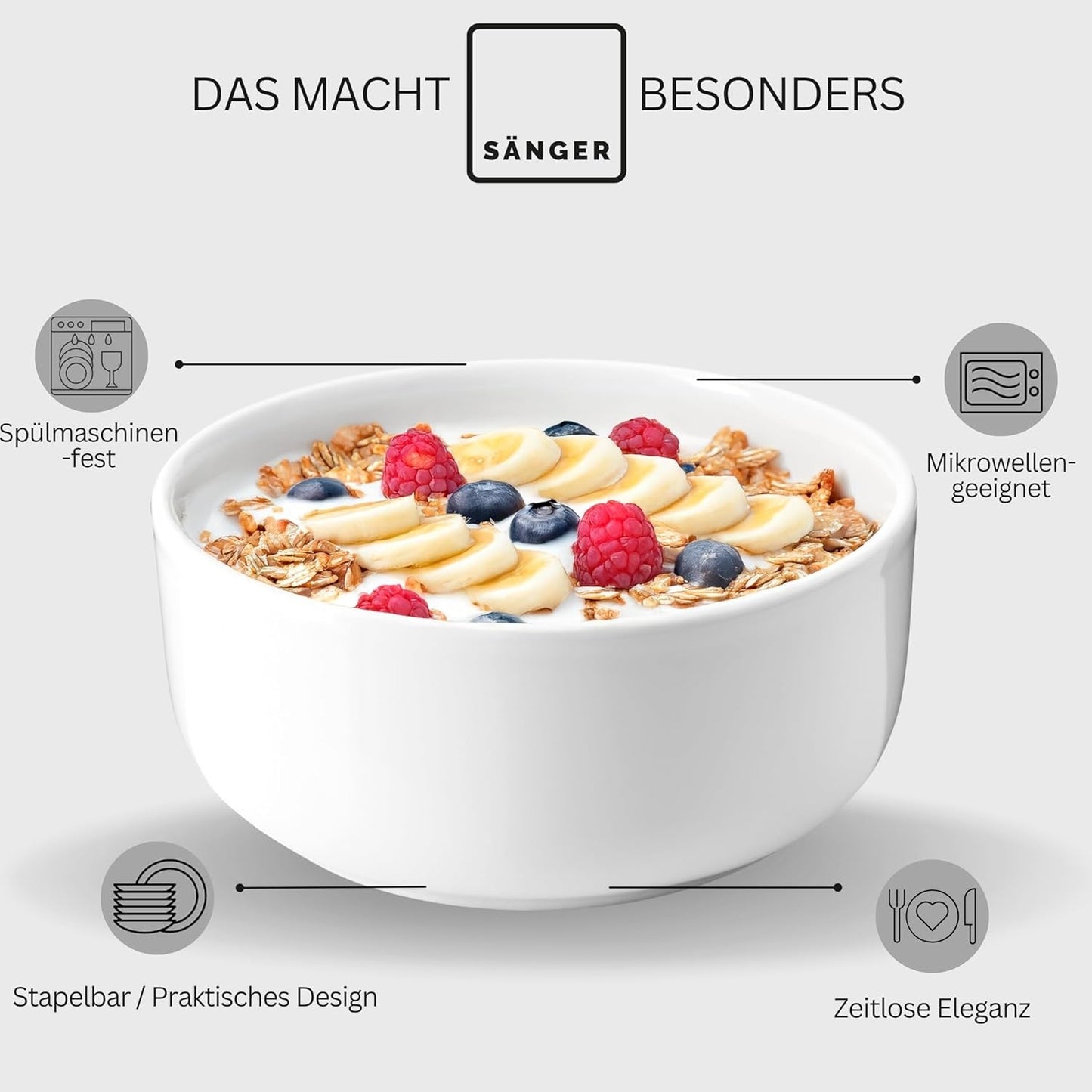 SANGER | Marlo Vajilla Blanca de 24 Piezas Vajilla para 6 con Platos de Postre, Platos Llanos, Cuencos y Cuencos de Cereal Juego de Platos Llanos de Porcelana Vajilla Diseño Moderno COLECCIÓN PREMIUM