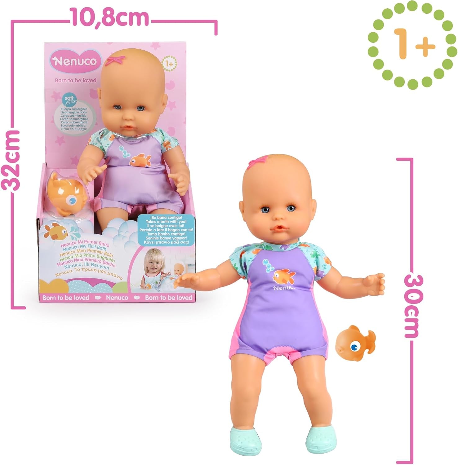 Mi primer baño: Un muñeco blandito con cuerpo impermeable, apto para usar en la bañera, la piscina y el mar. Incluye traje de baño y un pez colocado en el agua.