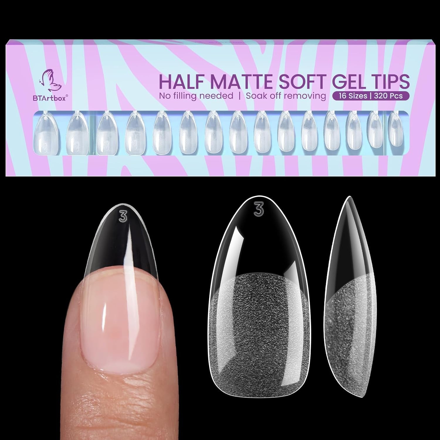 Btartbox Puntas de uñas extra cortas de almendra - Gel de cobertura completa X Puntas de uñas de gel suave XS - Semimate preformado para salón de uñas anchas 320 piezas