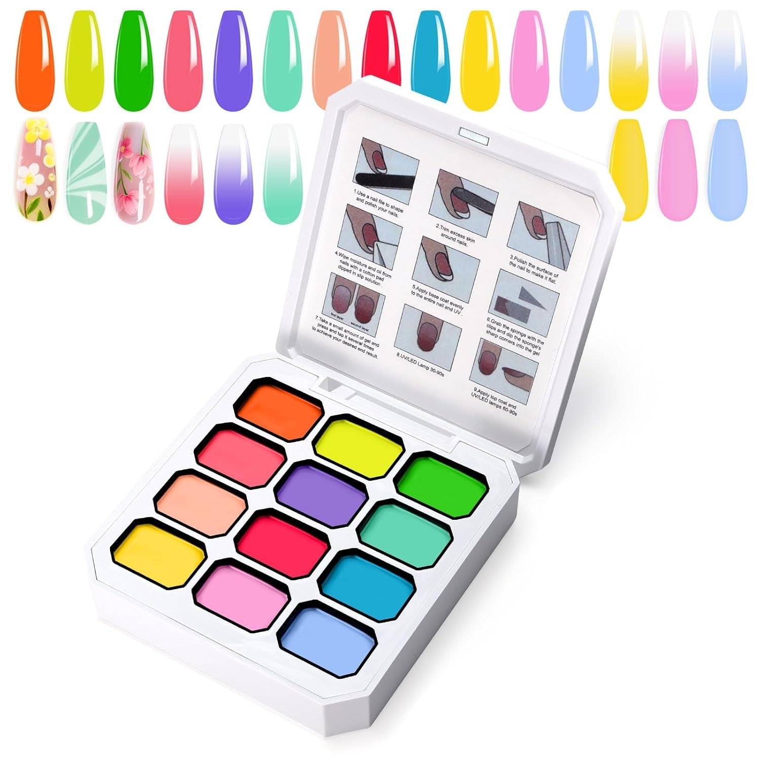 Gel de pintura degradada, 12 colores de esmalte de uñas de gel Ombre con 100 esponjas de uñas y 4 garras de metal para manicura francesa DIY Nail Art, Set I