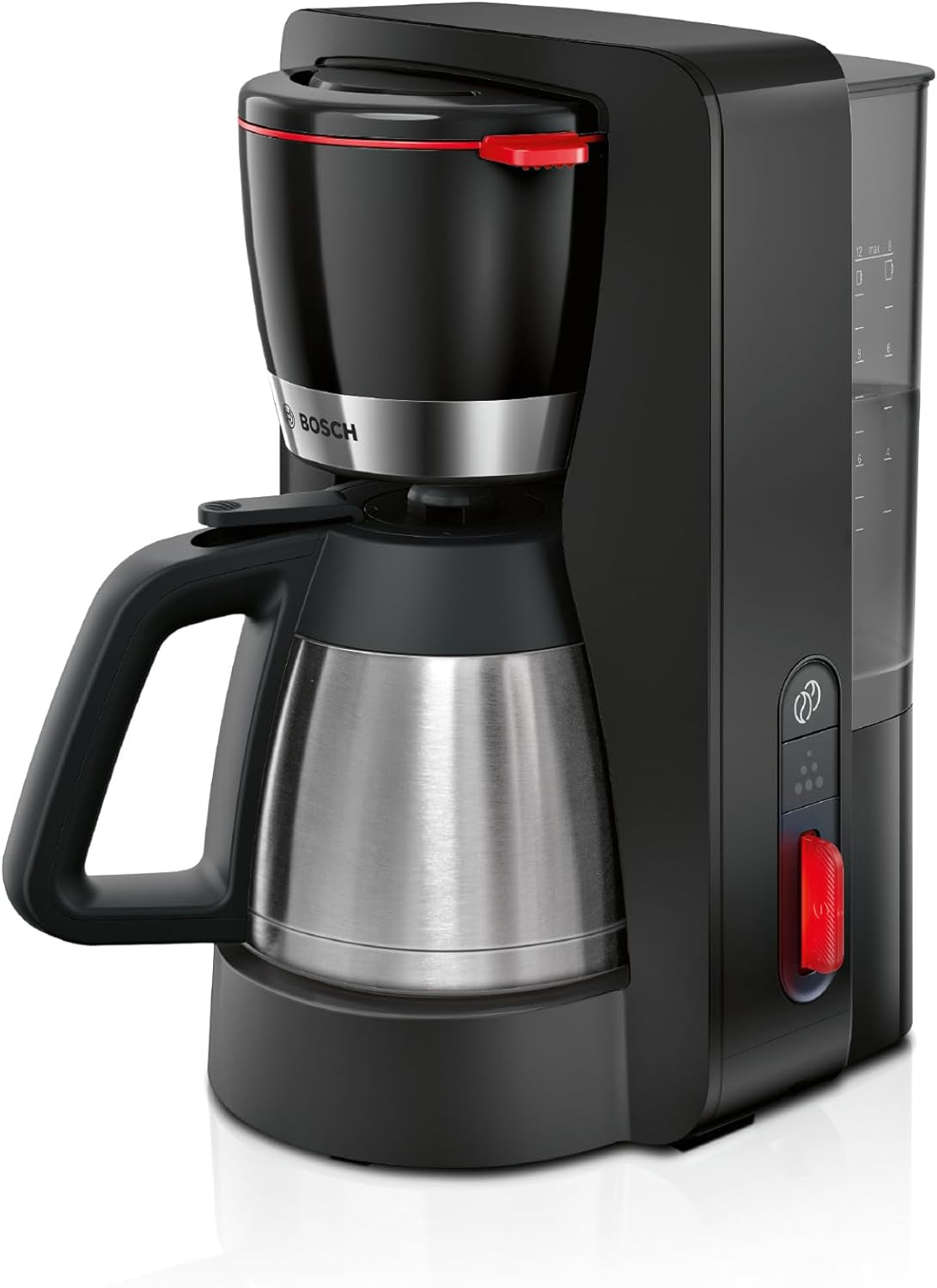 Bosch MyMoment TKA6M273 Cafetera espresso con filtro, jarra térmica de 1 litro, 8-12 tazas, sistema antigoteo, portafiltro giratorio, programa de descalcificación, depósito de agua extraíble, 1200 W, negro mate