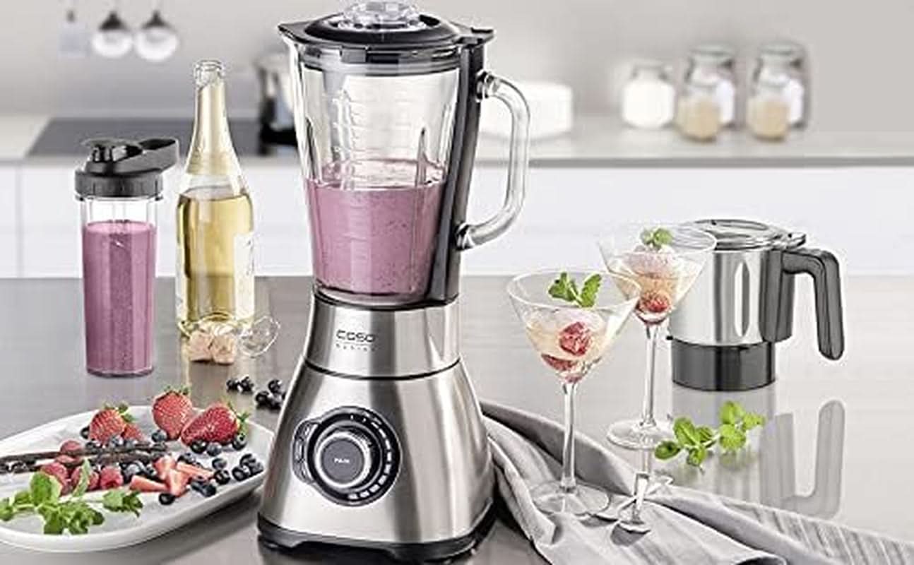 CASO B 1800 Powerblender-Set - Batidora con base, 28.000 U/Min, Vaso de vaso 1,75 L, Inkl. Trinkflasche Und Zerkleiner, Mezclador Testsieger Mit Sehr Gut, Edelstahl Naty Shop