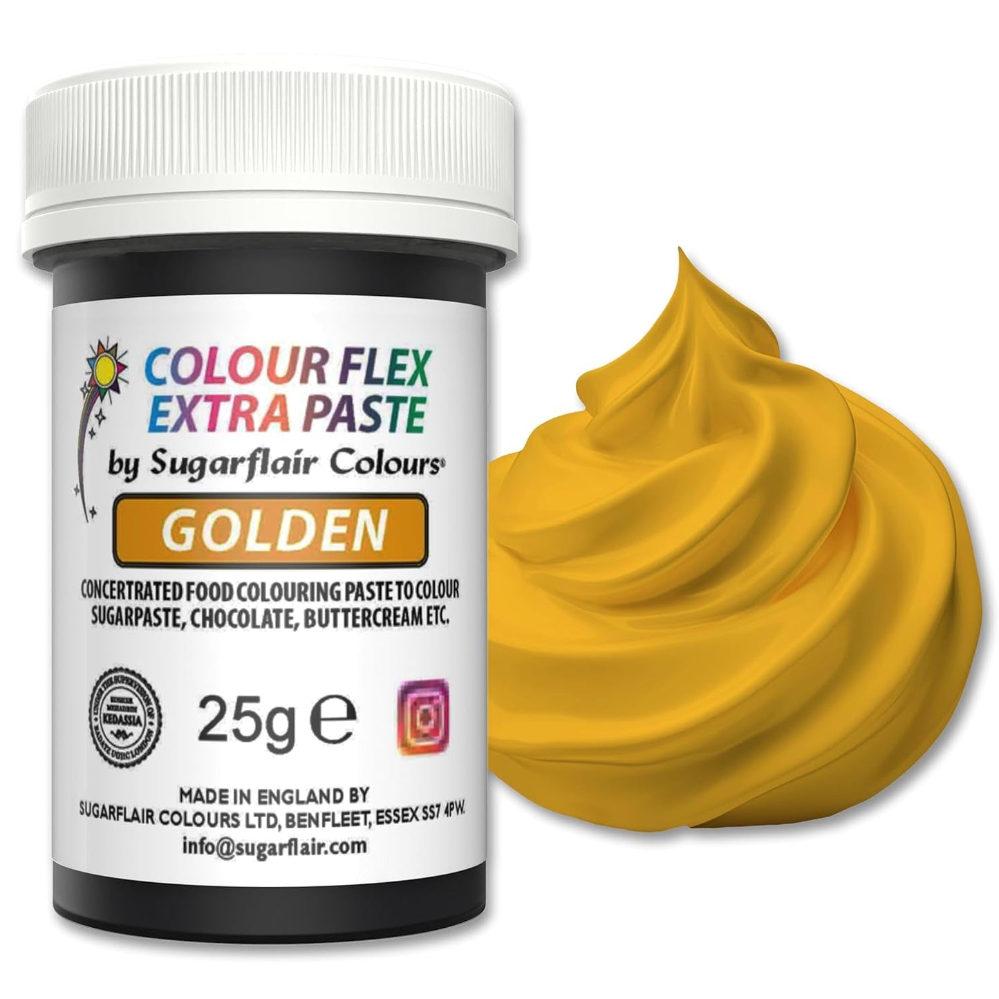 Pasta colorante alimentaria Sugarflair Colourflex Extra Paste Golden - Colorante alimentario comestible para crema de mantequilla, chocolate, pasta de azúcar, glaseado, fondant, mezclas para pasteles, masa y más - 25 g