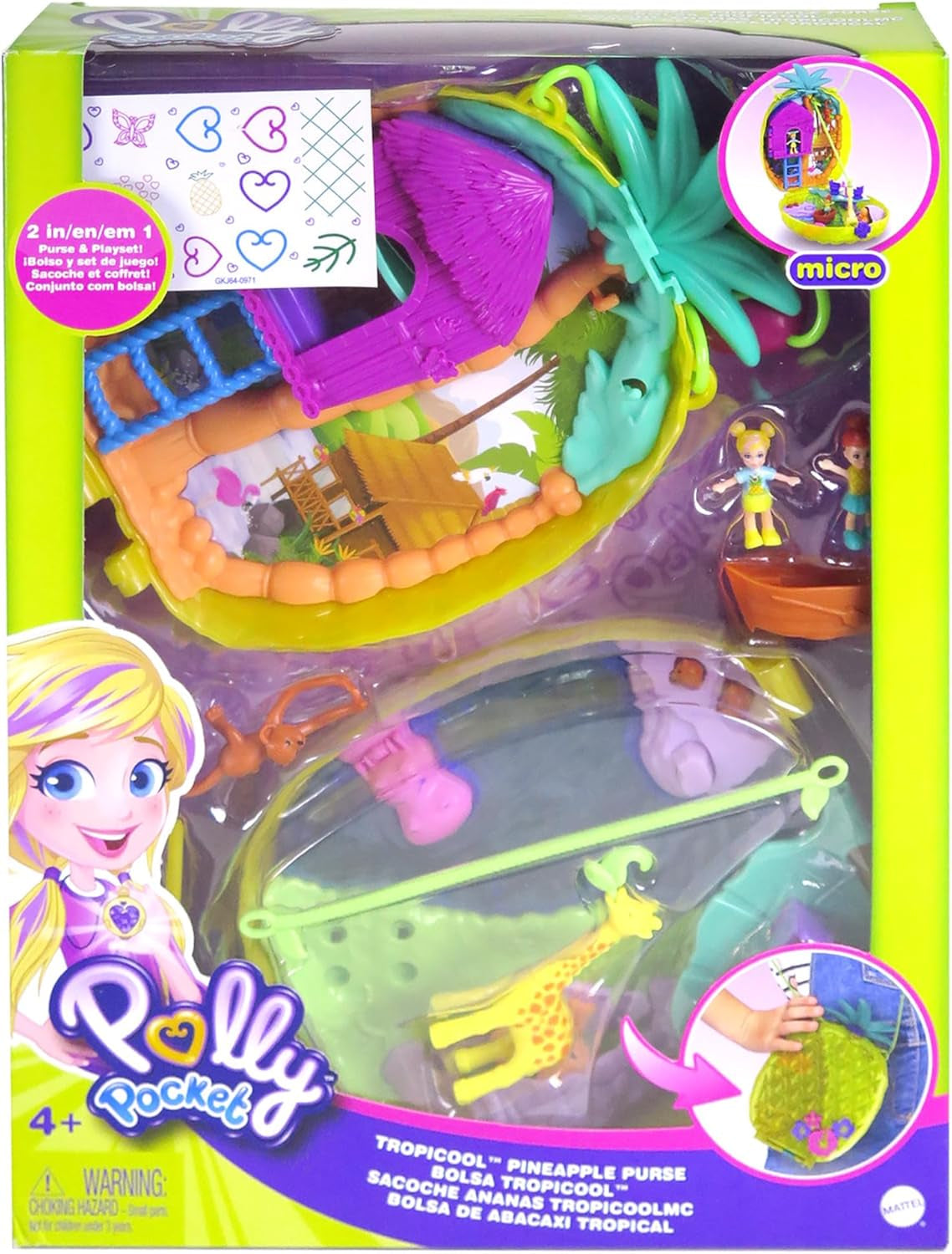Polly Pocket GKJ64 - Compacto portátil de bolsillo con forma de piña con 8 funciones divertidas, muñecas Polly y Lila, 2 accesorios y hoja de pegatinas; juguete para niños de 4 años en adelante