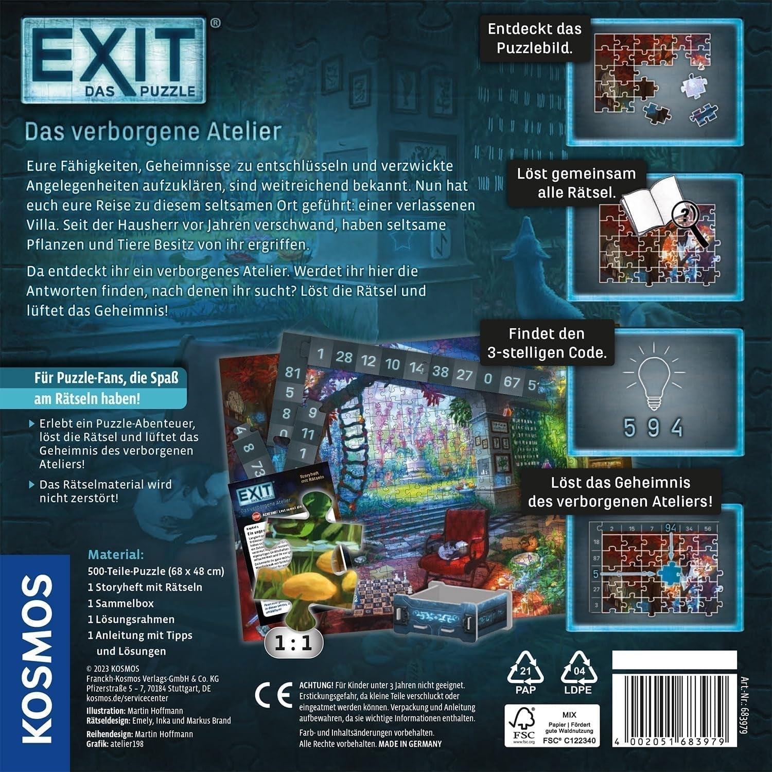 KOSMOS 683979 EXIT® Puzzle: The Hidden Studio Puzzle de 500 piezas para adultos y niños 10+ Escape Room Puzzle para principiantes Puzzle Naty Shop