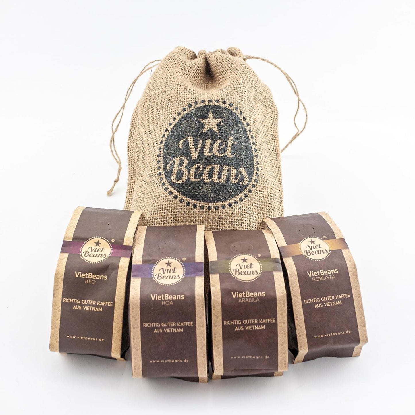 Kaffee Geschenk für Kaffeeliebhaber - Kaffeesack Yute - Vier Sorten exotischer Kaffee im Jutesack - Weihnachten Geschenkidee - Geschenk für Kaffeetrinker - Ganze Bohne