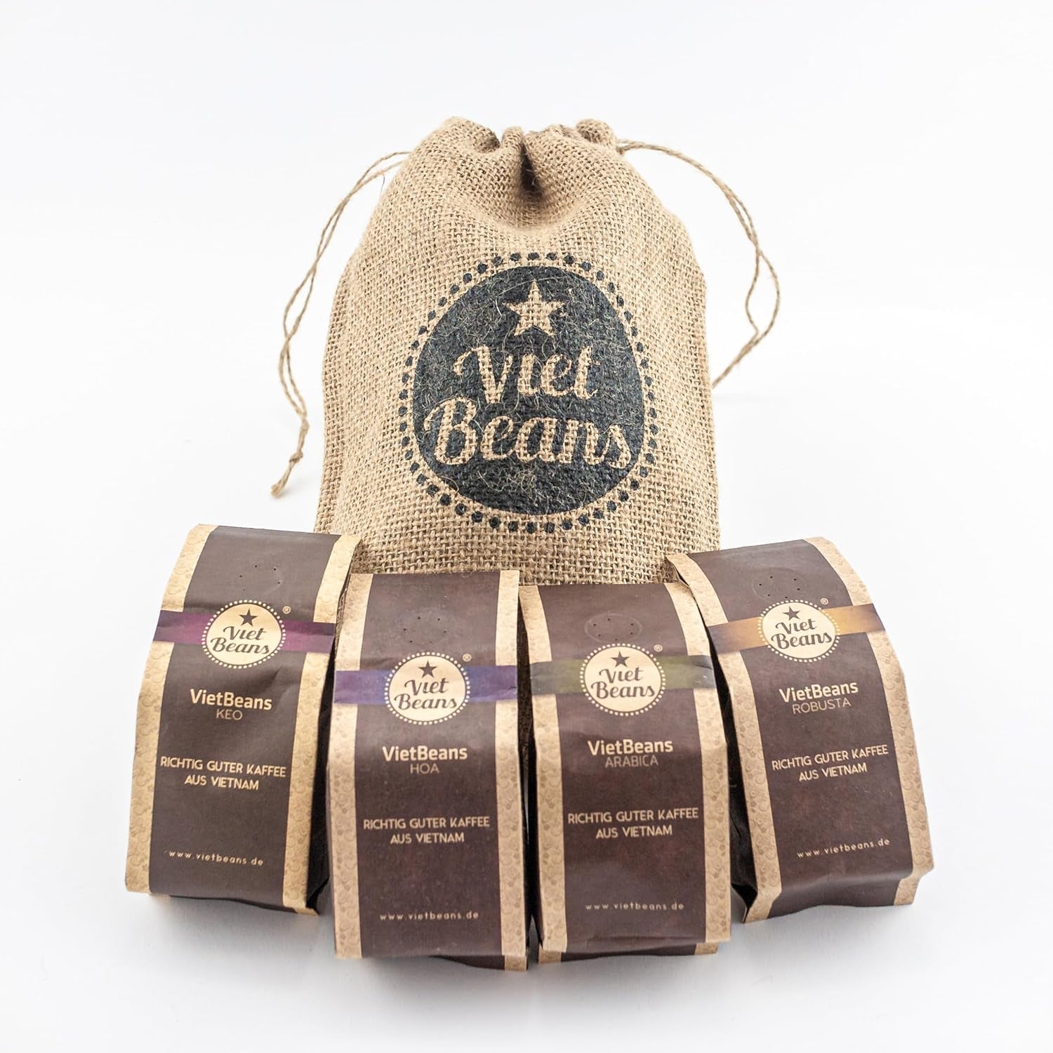 Kaffee Geschenk für Kaffeeliebhaber - Kaffeesack Yute - Vier Sorten exotischer Kaffee im Jutesack - Weihnachten Geschenkidee - Geschenk für Kaffeetrinker - Ganze Bohne