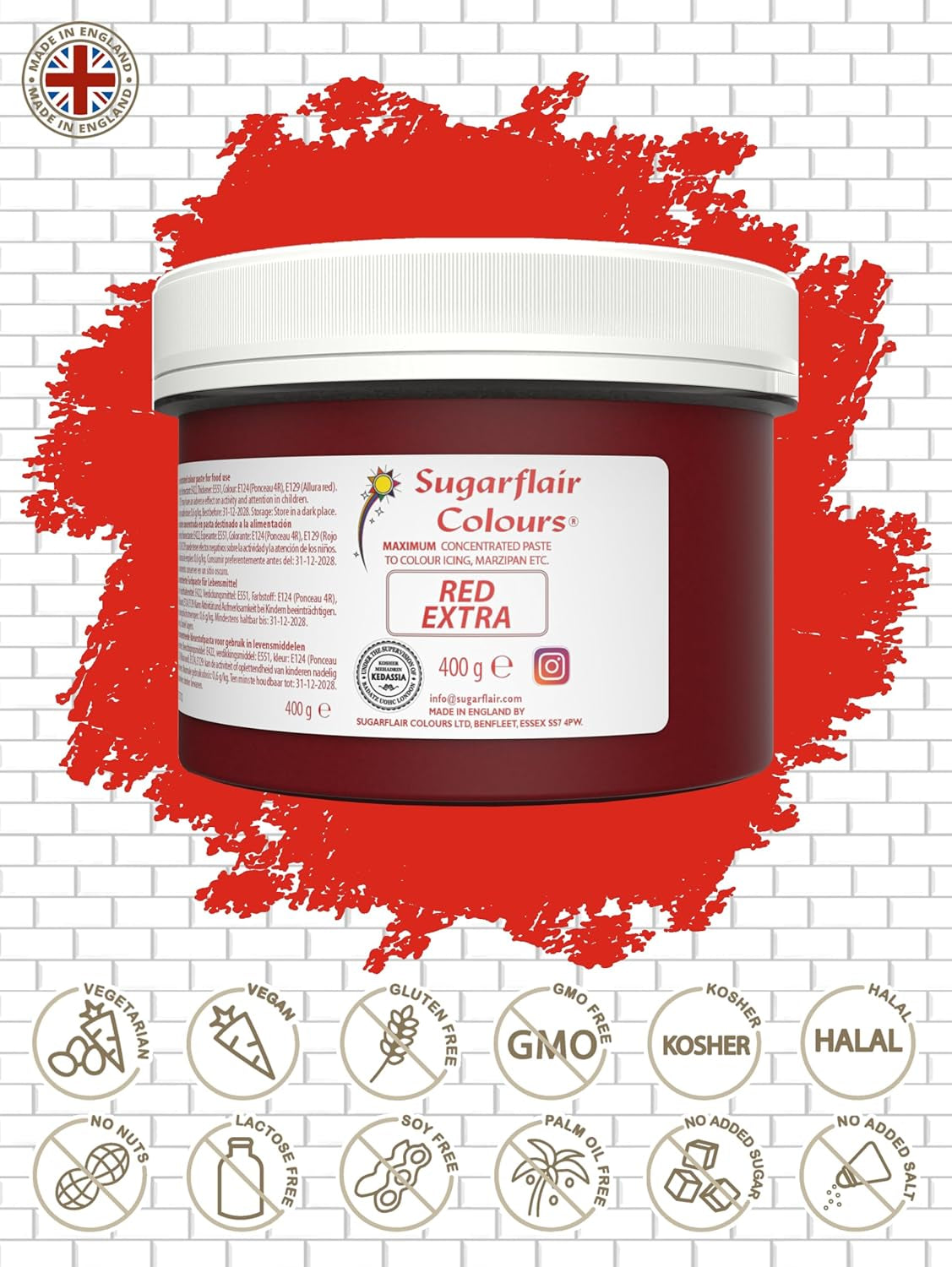 Colorante alimentario Sugarflair Max Concentrado Rojo, colorante alimentario altamente concentrado para mazapán y fondant, colorante en pasta Max Concentrado - 400 g
