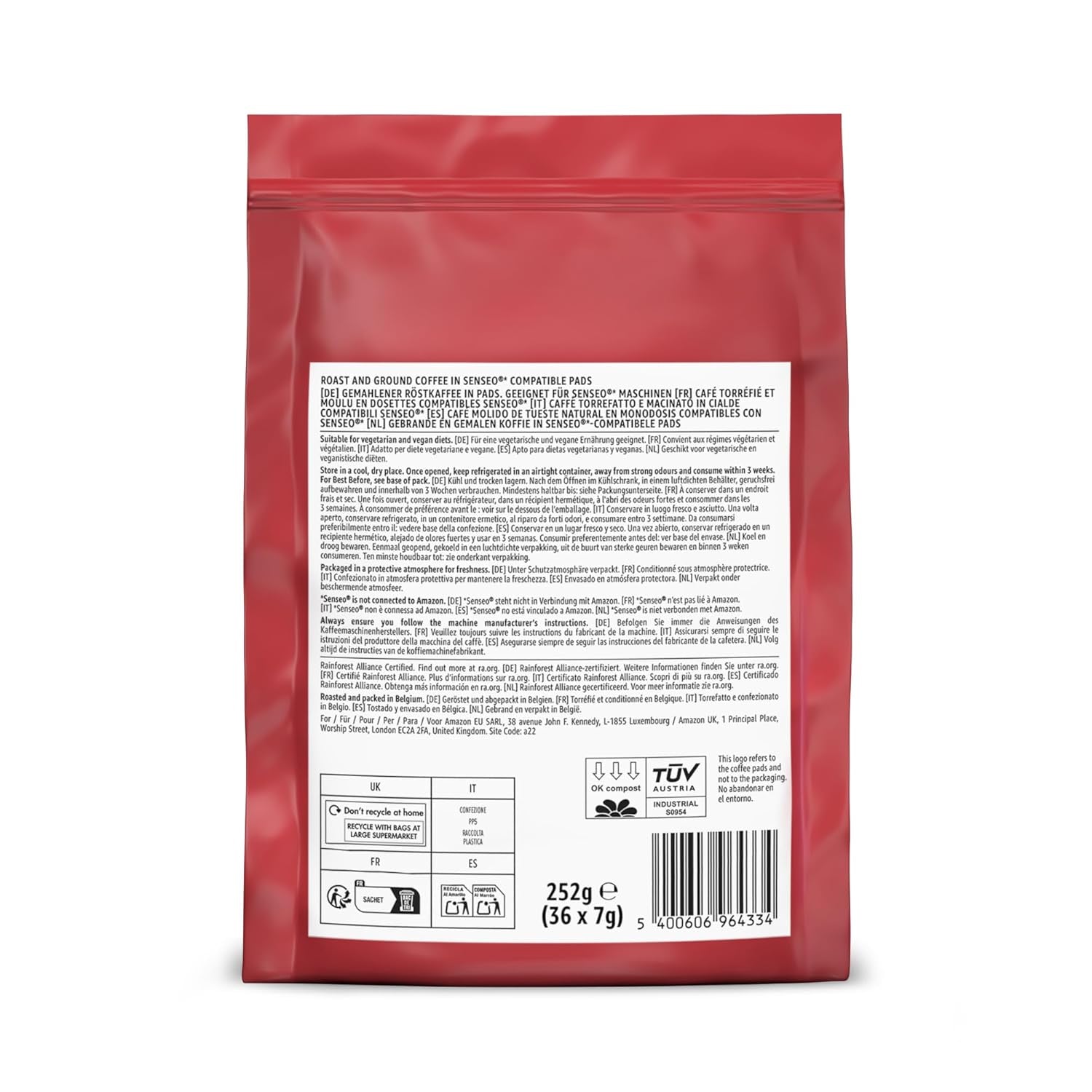 de Amazon Klassische Kaffeepads aus 100% Arábica, fabricado para Senseo-Maschinen, 36 piezas (1 paquete con 36 piezas) – Certificado Rainforest Alliance
