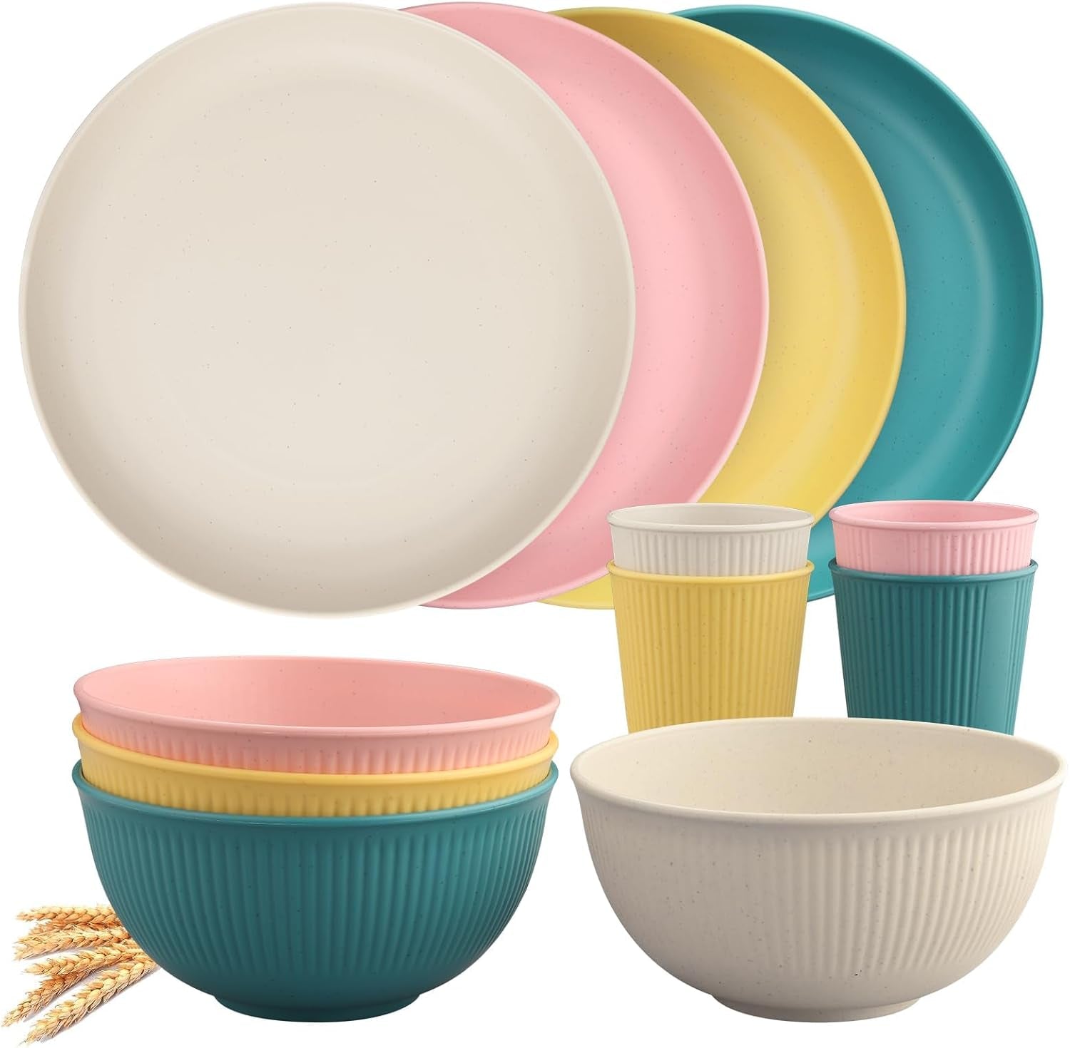 Tanice Juego de vajilla de plástico de 12 piezas, platos y tazones, juego de vajilla para niños para 4 personas, juego de vajilla de plástico con platos, tazones y tazas para cocina, camping al aire libre