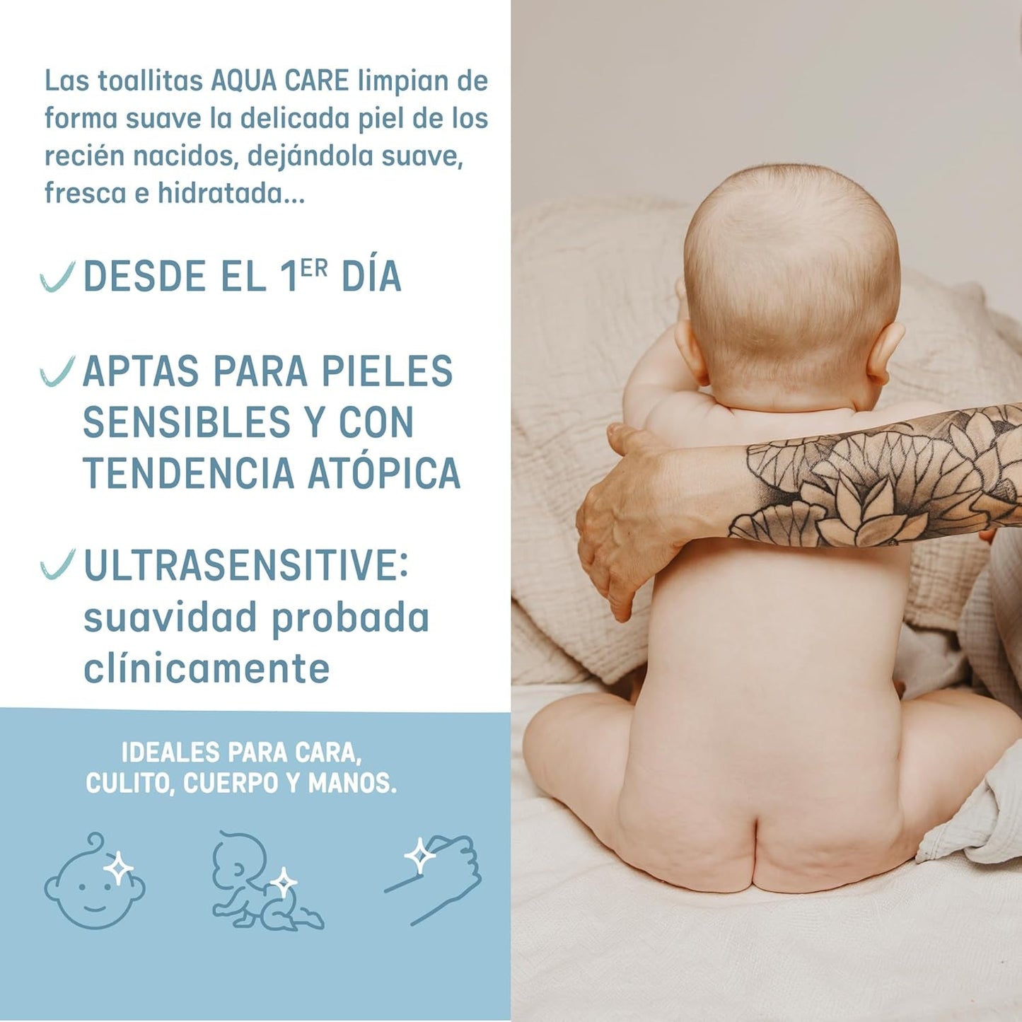 Suavinex Aqua Care Toallitas húmedas para bebés 60 toallitas limpiadoras 99% agua, fibra vegetal, aloe vera, sin fragancia, sin alcohol, dermatológicamente probado, adecuado para pieles sensibles