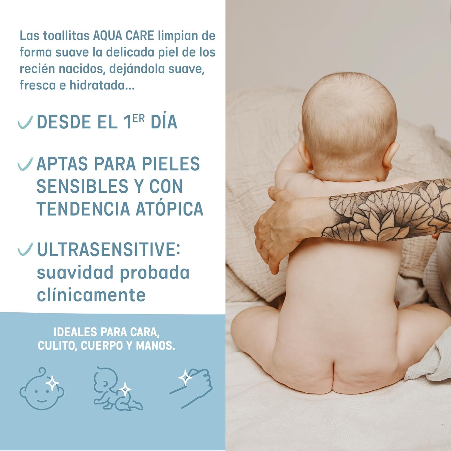 Suavinex Aqua Care Toallitas húmedas para bebés 60 toallitas limpiadoras 99% agua, fibra vegetal, aloe vera, sin fragancia, sin alcohol, dermatológicamente probado, adecuado para pieles sensibles