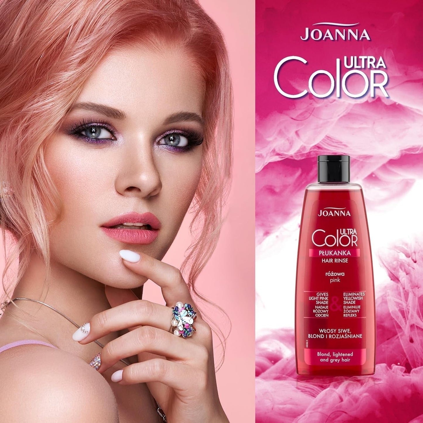 Joanna Ultra Color - Acondicionador de color rosa para cabellos rubios y claros - Rosa pastel - Brillo natural - Elimina el tinte amarillo del cabello rubio grisáceo - Efecto temporal - 150 ml Tinte para el cabello Naty Shop