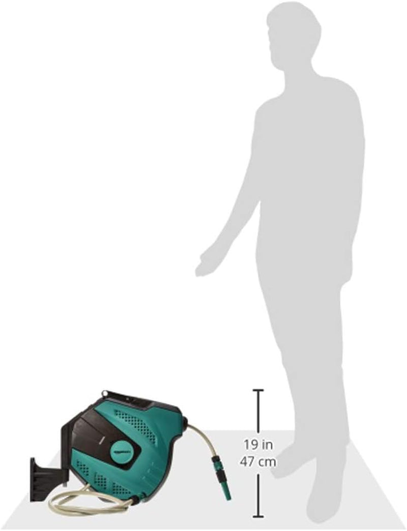 Amazon Basics Enrollador de manguera de pared con manguera, enrollado automático, 15 m, verde marino, negro