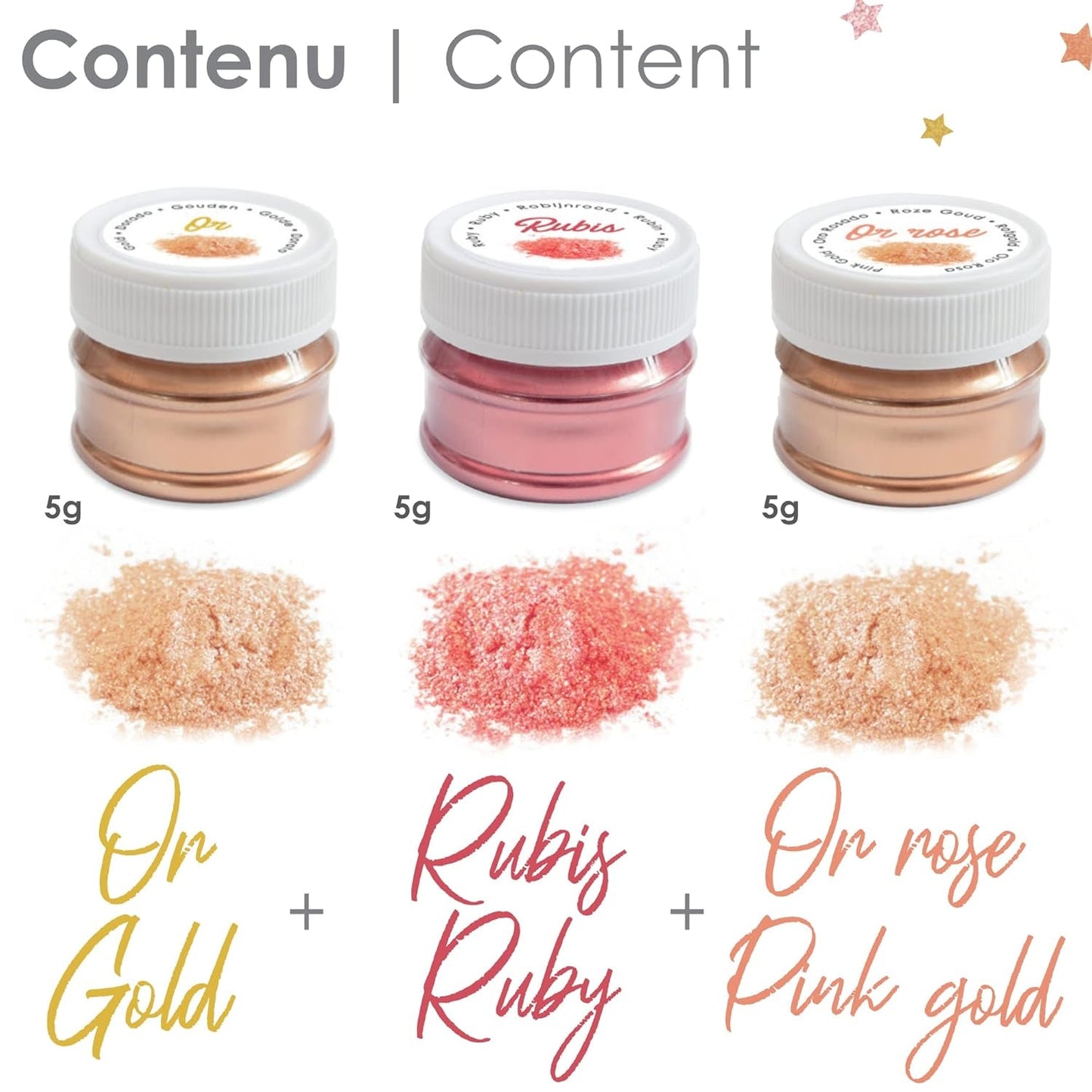 Scrapcooking - Juego de 3 colorantes alimentarios metálicos - Colorante alimentario: oro, oro rosa y rubí - Colorante alimentario comestible para hornear, pasteles, galletas, tartas, chocolate - 4019