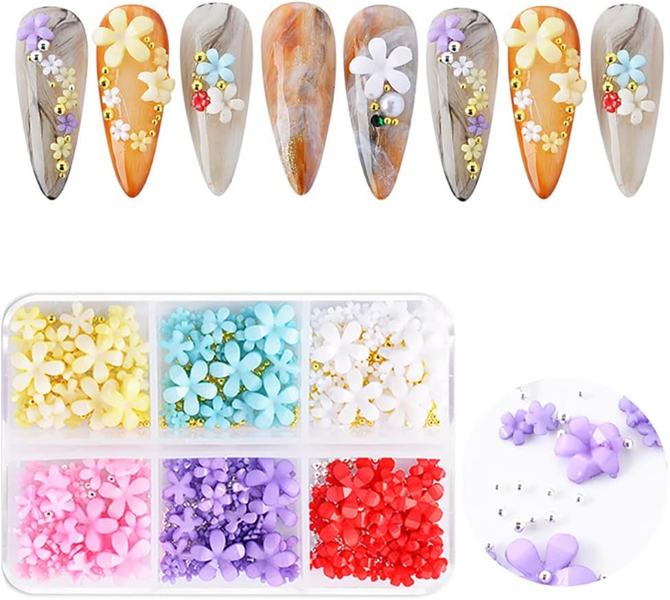 Uñas de flores 3D, 6 rejillas, encantos de uñas de flores, pedrería de uñas acrílicas, accesorios de uñas, decoraciones de uñas de primavera DIY