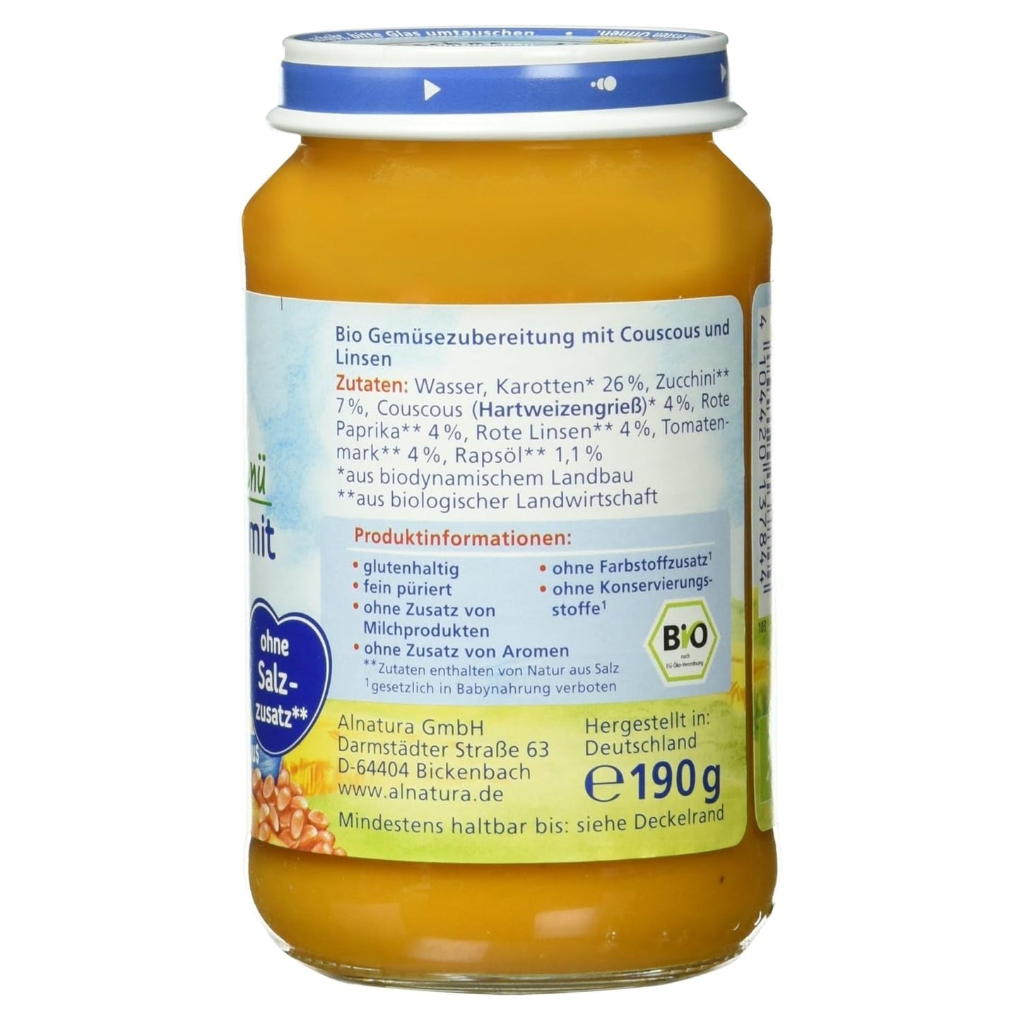 Guiso de lentejas ecológico con cuscús (a partir de 6 meses), 190 g