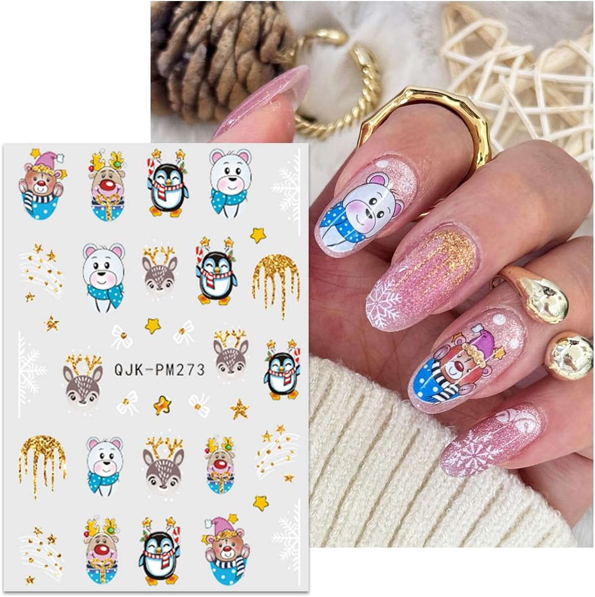 JMEOWIO Nagelsticker Weihnachten 10 Blatt Nail Art Sticker Selbstklebend Nagelaufkleber Glitter Schneeflocke Navidad Invierno Urlaub Oro Decoración Nageldesign Zubehör