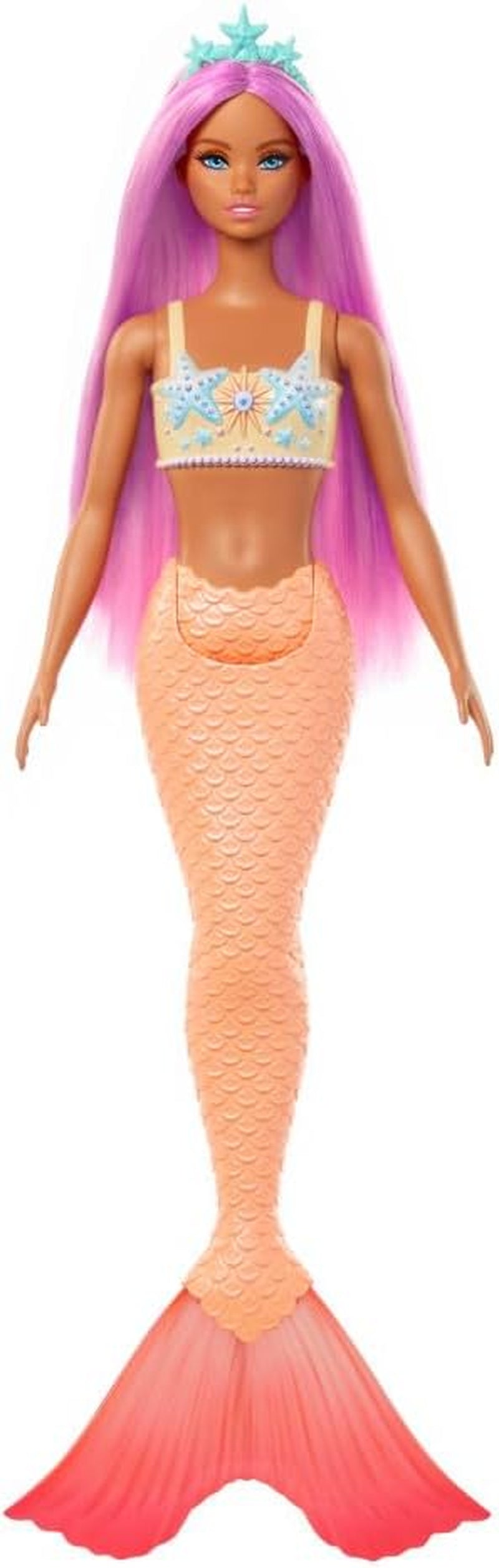 Muñeca Barbie Sirena con elegante cabello rosa y diadema, muñeca con cabeza de estrella de mar y aleta de cola naranja suave, HRR05