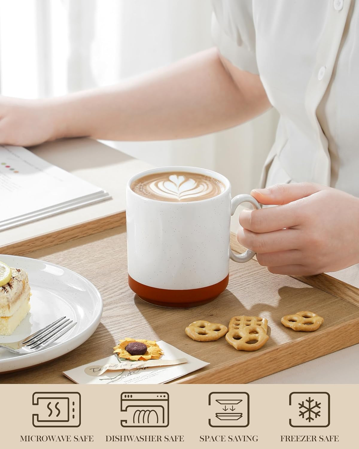 Juego de tazas de café MALACASA, juego de tazas de gres de 350ml para 4 personas, tazas de café modernas para té, zumo, café con leche, capuchino, chocolate caliente. Apto para lavavajillas y microondas, serie TARA, blanco caqui