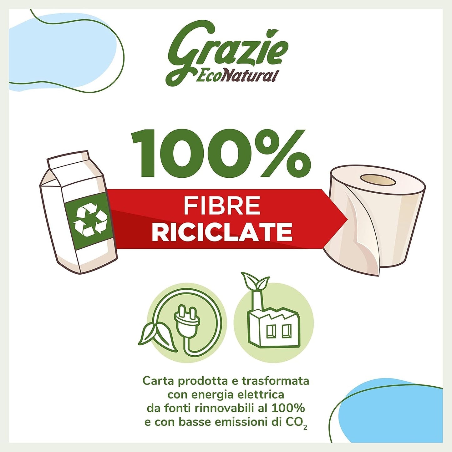 Grazie Natural Papel Higiénico Econatural, 56 Rollos, Papel Higiénico Reciclado Fibrepack, 100% Ecológico, Eco-Friendly, Certificado Ecolabel y FSC Reciclado, Hecho en Italia