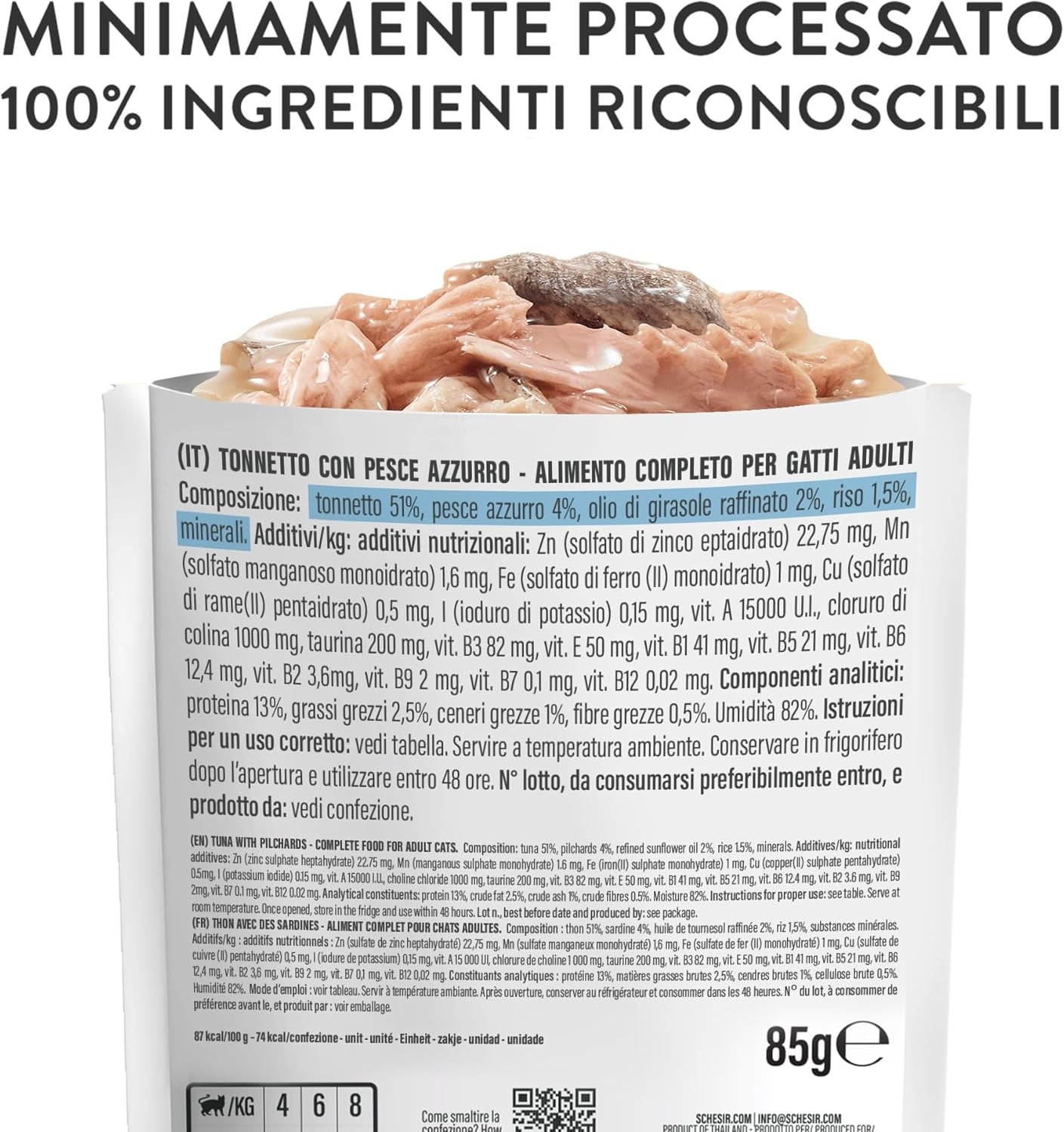 , Atún con pescado azul en gelatina, comida húmeda completa para gatos, en bolsita, con vitaminas adicionales, 100% natural, 6 x 85 g