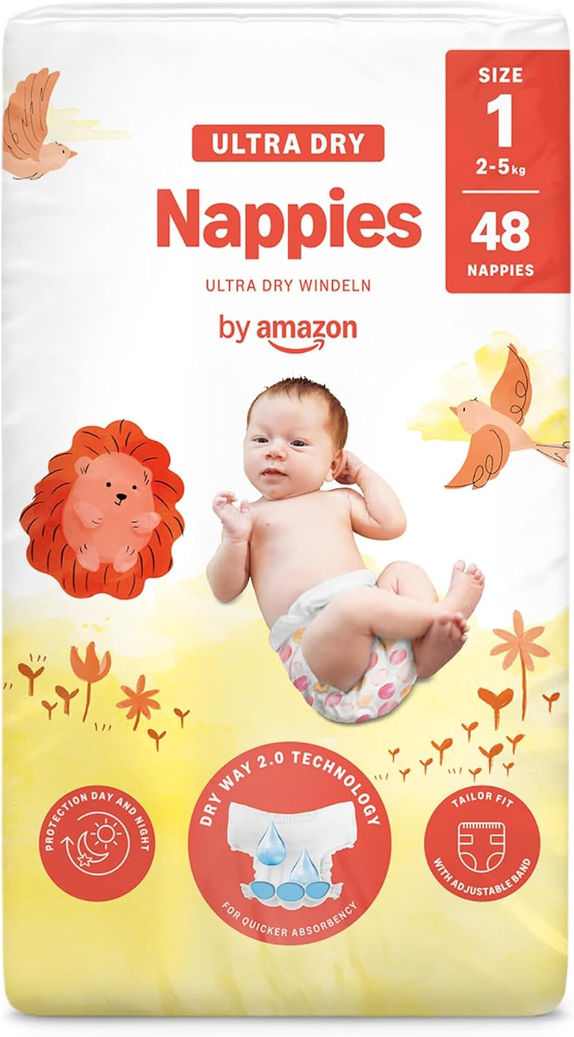 Pañales Amazon Ultra Dry, tamaño 1 (2-5 kg) - Caja mensual, blanco, 96 unidades (2 paquetes de 48) (anteriormente marca Mama Bear, producto idéntico)