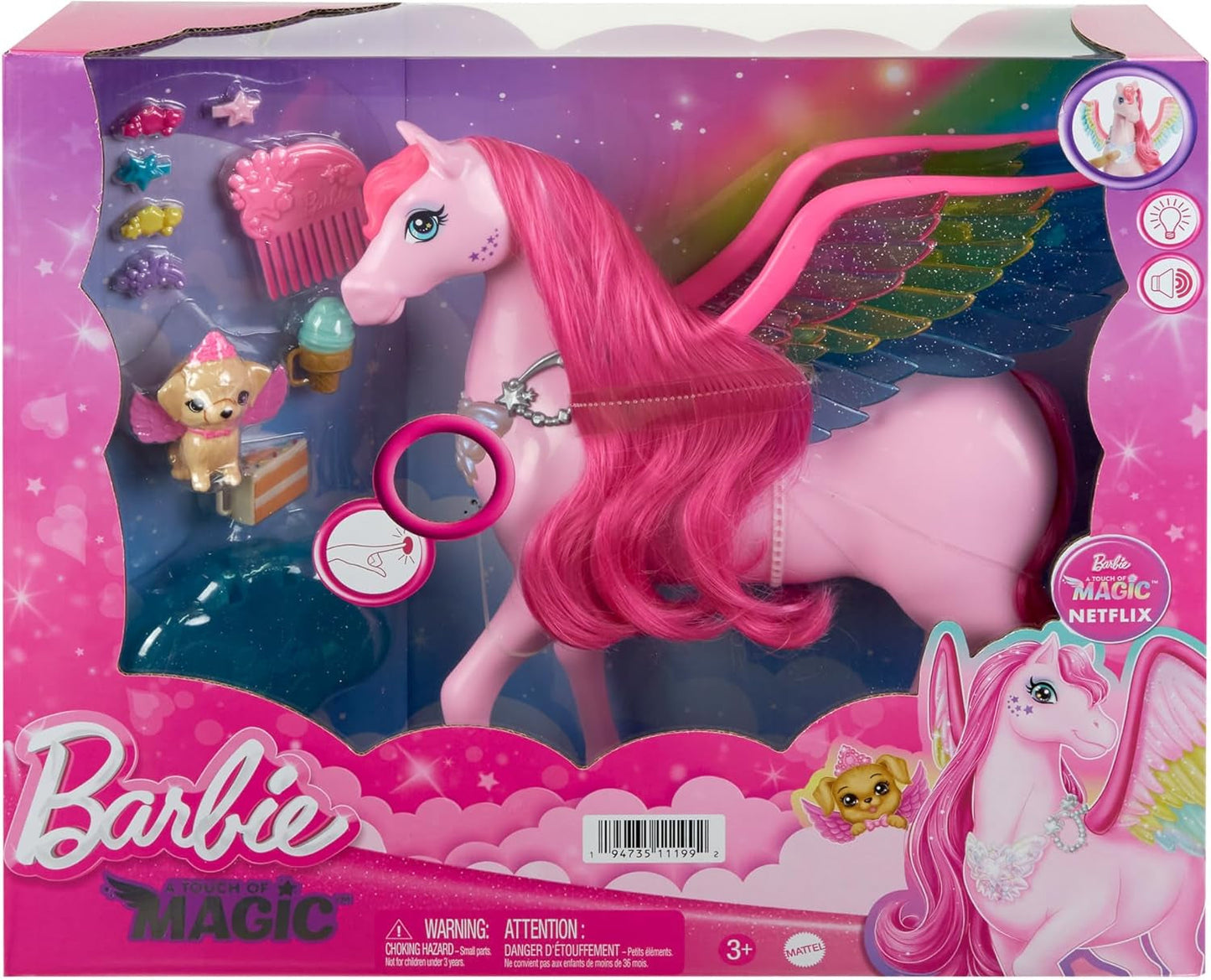 Barbie Pegasus Magic Hide and Seek - Juguete interactivo con luces y sonidos, 10 accesorios, alas de arcoíris, para edades de 3 años en adelante, HLC41