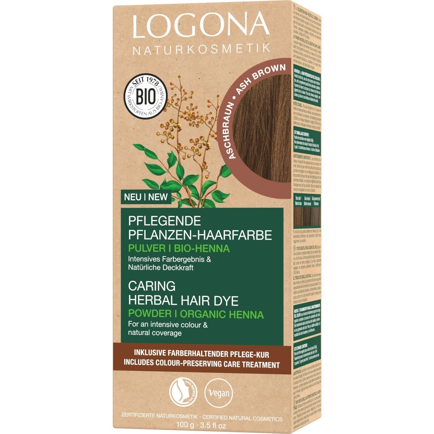 LOGONA Natural Cosmetics Tinte Capilar Nutritivo a Base de Hierbas, Henna Orgánica en Polvo Tinte Vegano para un Color y Brillo Intensos, Tinte Capilar a Base de Hierbas en Rubio Cobrizo (Rubio), 1 x 100 g Naty Shop Tinte Capilar Marrón Ceniza 100 G (1 paquete)