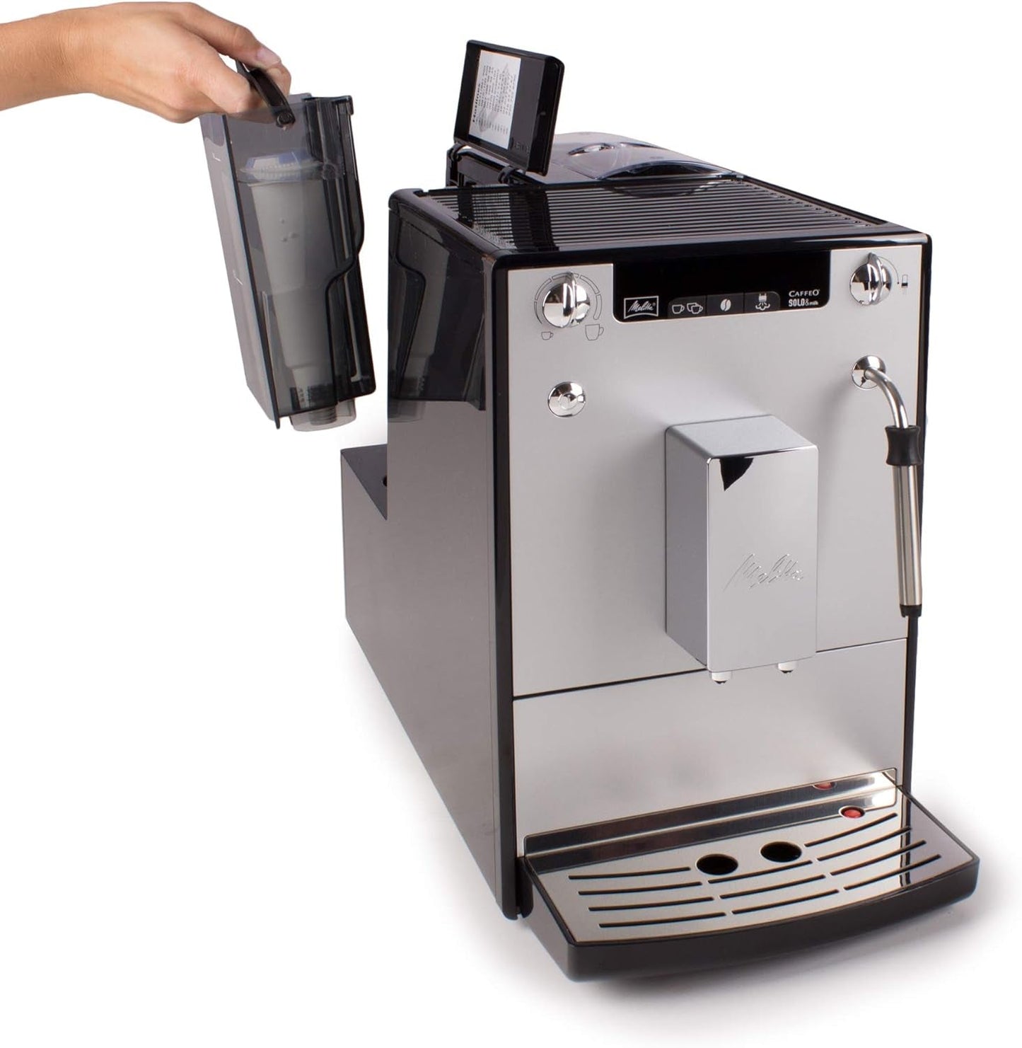 Melitta Solo & Milk: cafetera delgada totalmente automática con espumador de leche, cafetera con depósito de agua extraíble, p. café o capuchino, plata