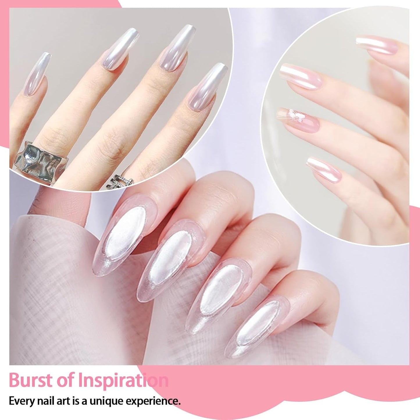 White Pearl Chrom Nagel Pulver, Irisierendes Aurora Pulver Metallic Spiegel Effekt Glitter Pulver Pearlescent Eis Transparent Meerjungfrau Pigment Perle Glitter Staub para decoración de uñas